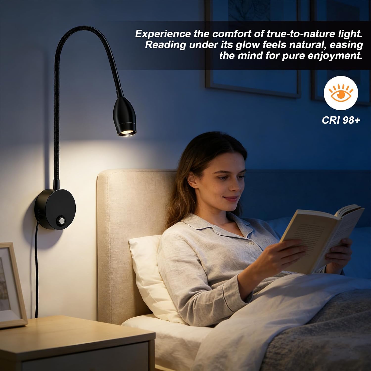 ERAY LED Wall Mounted Reading Light, Bedside Reading Lights for Bed with Touch Control, 3 Dimmable, 360°Flexible Gooseneck Headboard Book Reading Lamp Wall Sconce, 3000k-6000k-1 Pack