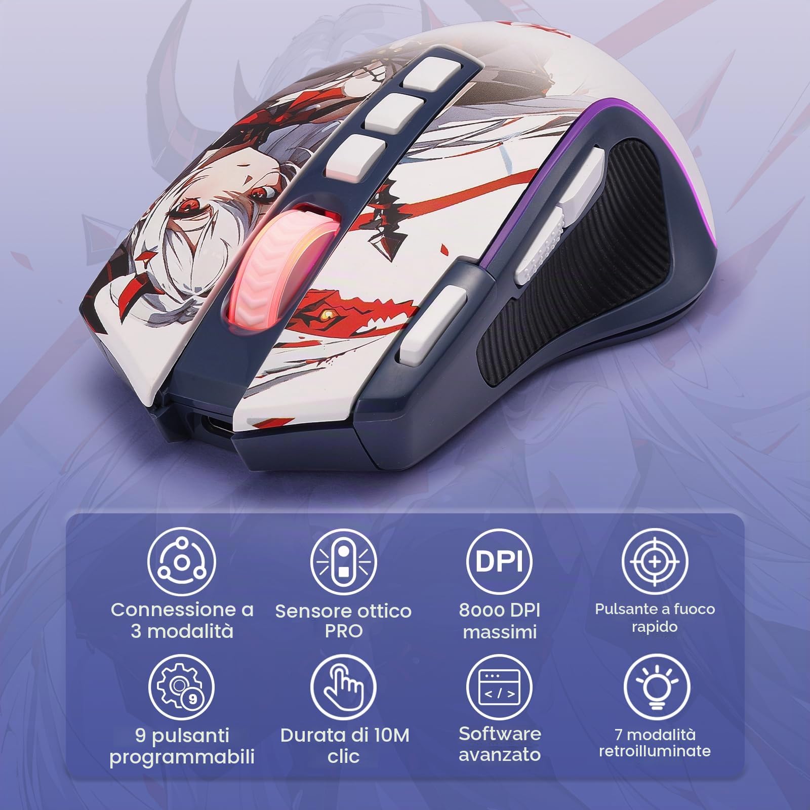 Redragon M612AK PRO Mouse Gaming 3 Modalità RGB | 8000 DPI 9 tasti programmabili 7 RGB BT+2.4G software macro tasto fuoco rapido