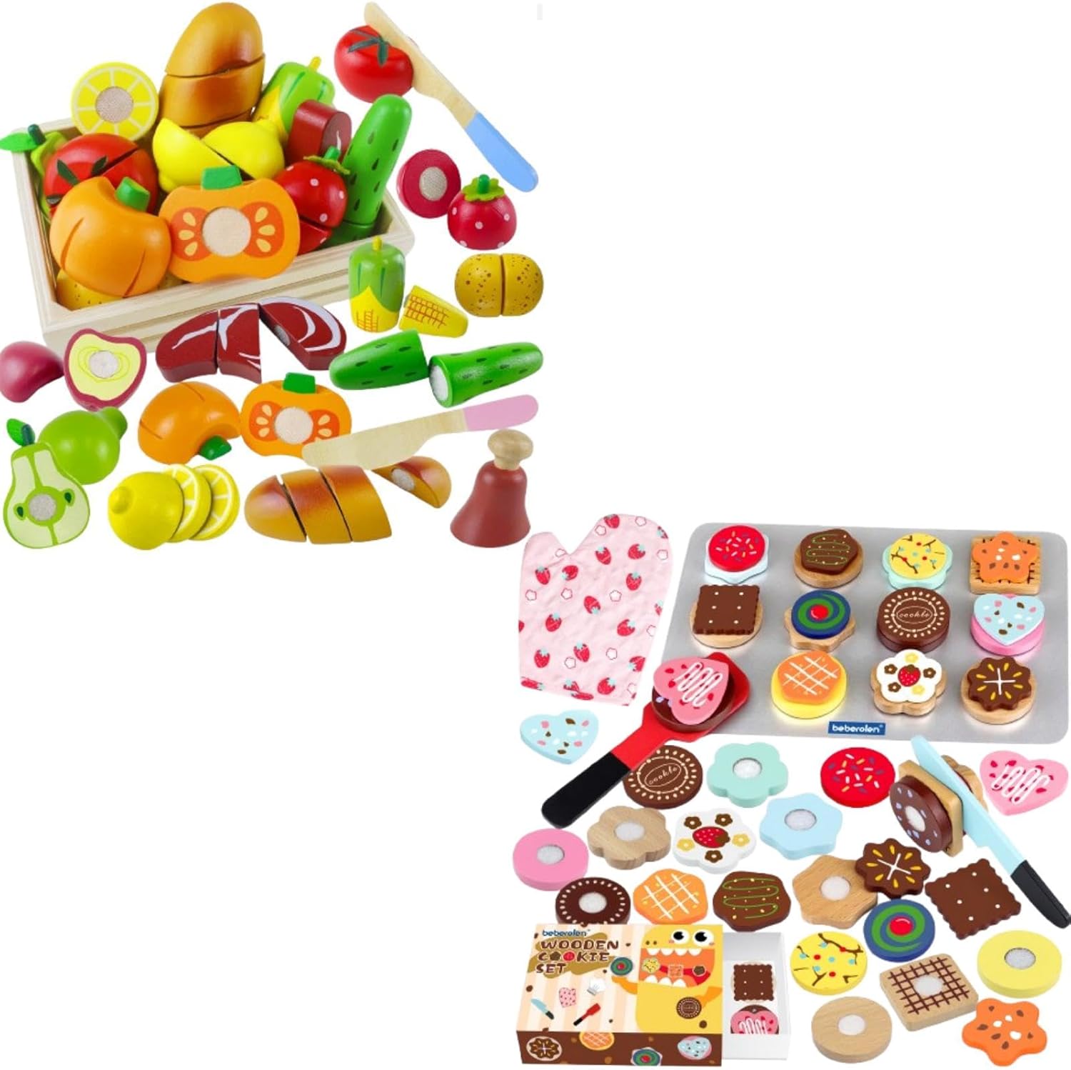 Wooden Cookie Play Food Set Toy and Wooden Cutting Fruit Play Food Set Toy