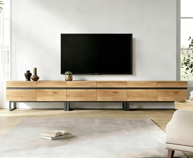 Wampat Modern TV Stand for 110 inch TVs, 3 in 1 Entertainment Center with Storage Cabinets and Metal Base, Media Console for Living Room, Oak