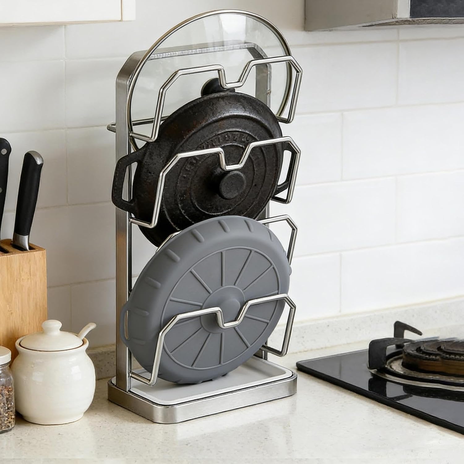 Pot Lid Storage - Pan Lid Rest Stand - Space Saving Pot Top Rack - for Kitchen Cabinet Sink Pantry Dining Home Apartment Countertop Restaurant