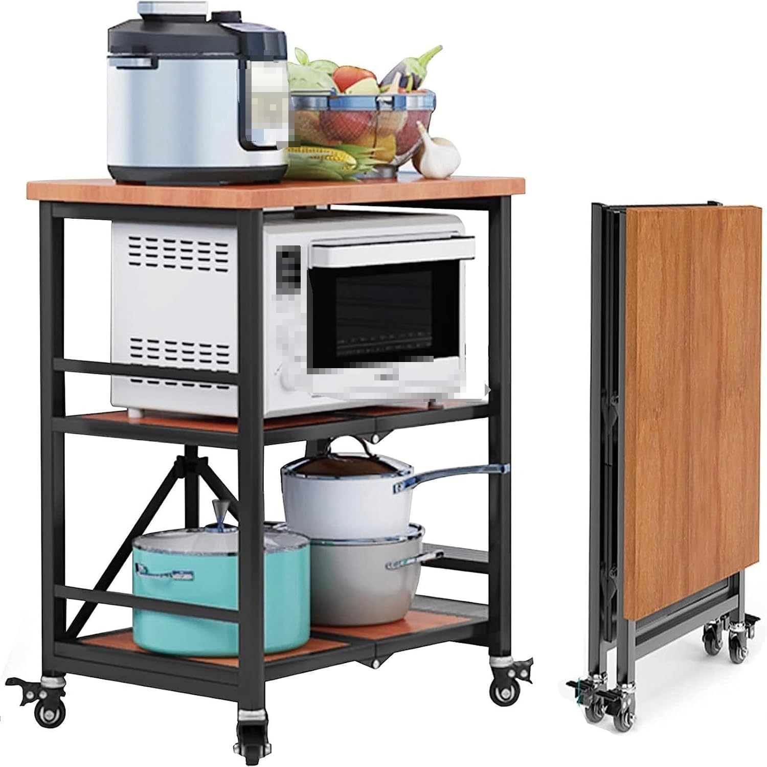 Carrello da cucina in acciaio inox, pieghevole, a 3 ripiani, con ruote bloccabili, grande ripiano per servire e riporre oggetti