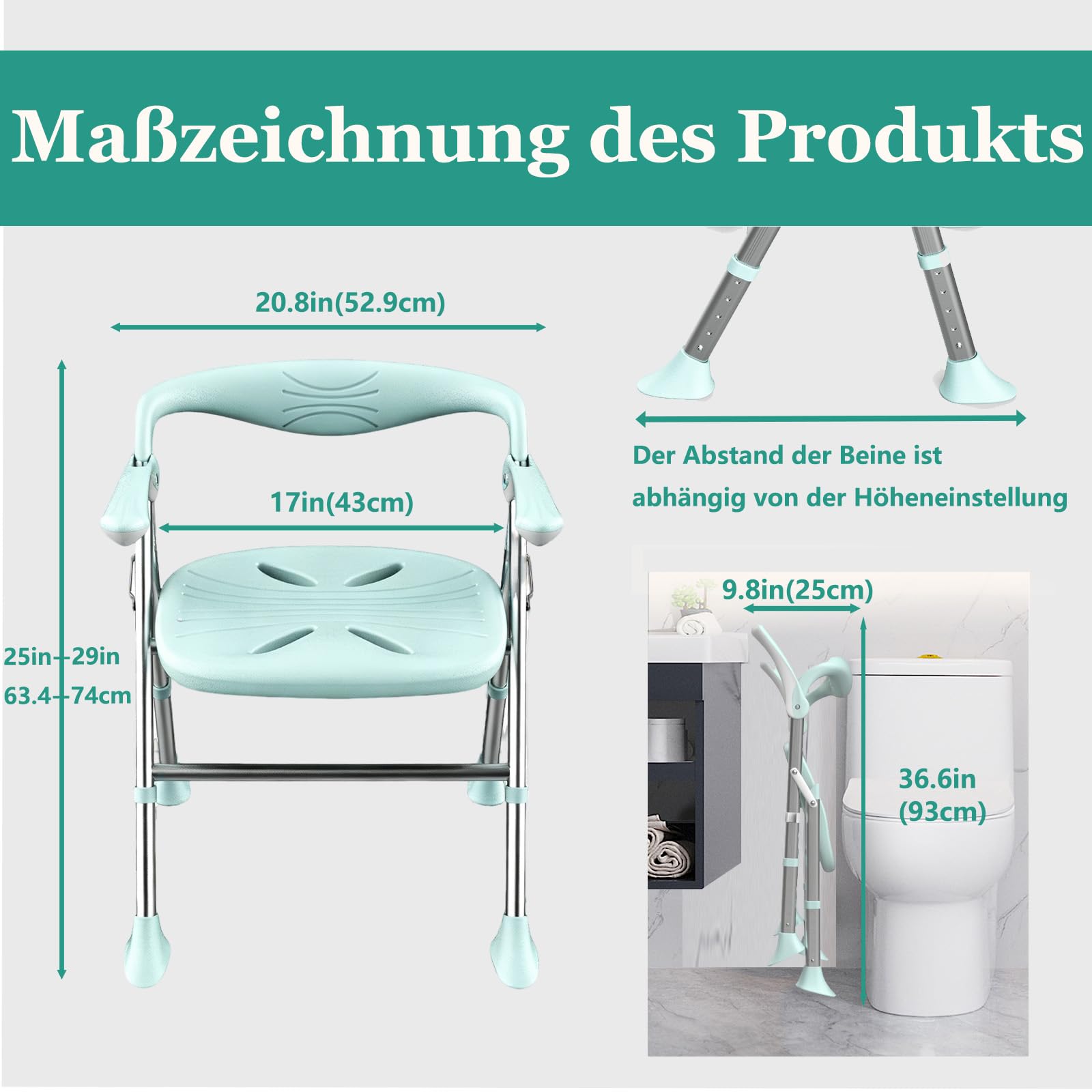 Duschstuhl füR Senioren, Duschstuhl Klappbar, Maximale Tragkraft 150kg, Duschstuhl mit Armlehnen und RüCkenlehne, 5-Stufige HöHenverstellung, Hochklappbare Armlehnen (Grün, Flachsitz)