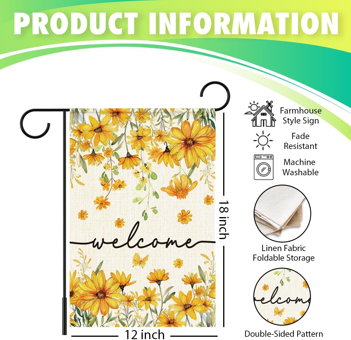Welcome Spring Garden Flag,Yellow Daisy Outdoor Flags for Garden Patio Yard Lawn,12x18 Inch Double Sided - Image 2