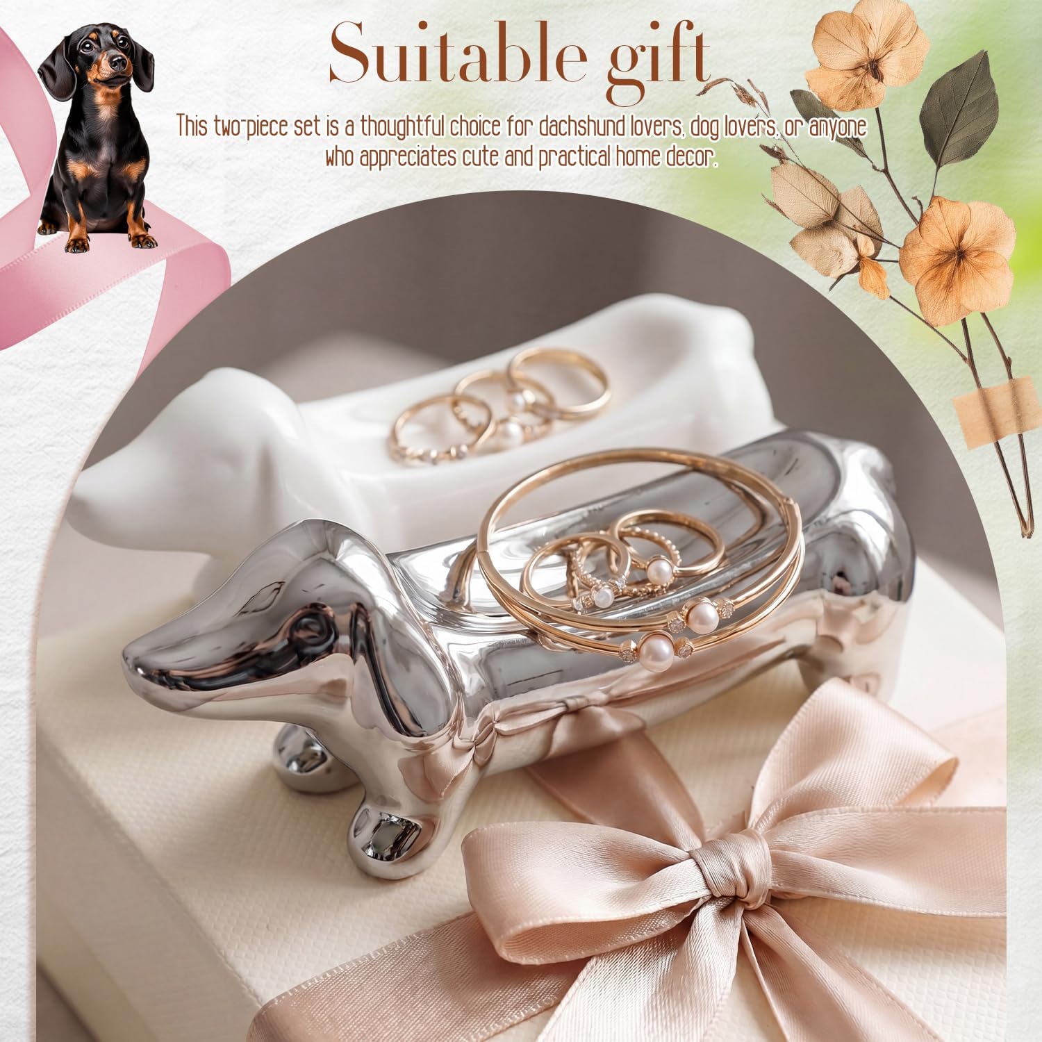 RattanView 2 Pcs Dachshund Ring Holder, Dog Gifts for Women, Dog Lover Gift, Ceramic Trinket Tray for Jewelry & Keys, Mini Dachshund Decor, Suitable for Dressing Table Washstand