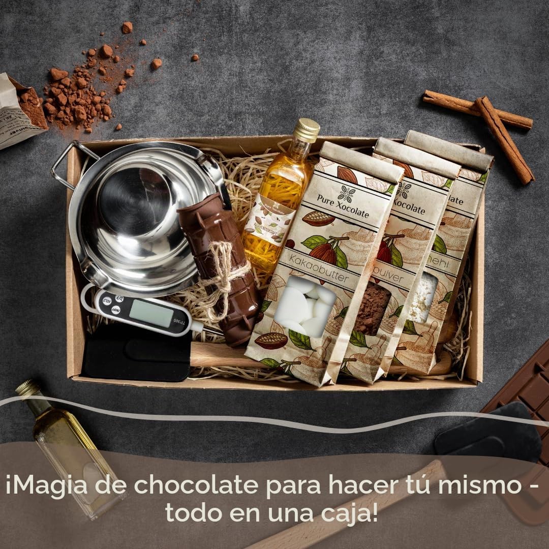 Pure Xocolate Kit de Chocolate DIY - Haz Chocolate Blanco, Negro y con Leche - Incluye Jarabe de Agave, Molde de Silicona, Termómetro, Bol, Espátula - Vegano, Bajo en Azúcar, sin Gluten ni Lactosa