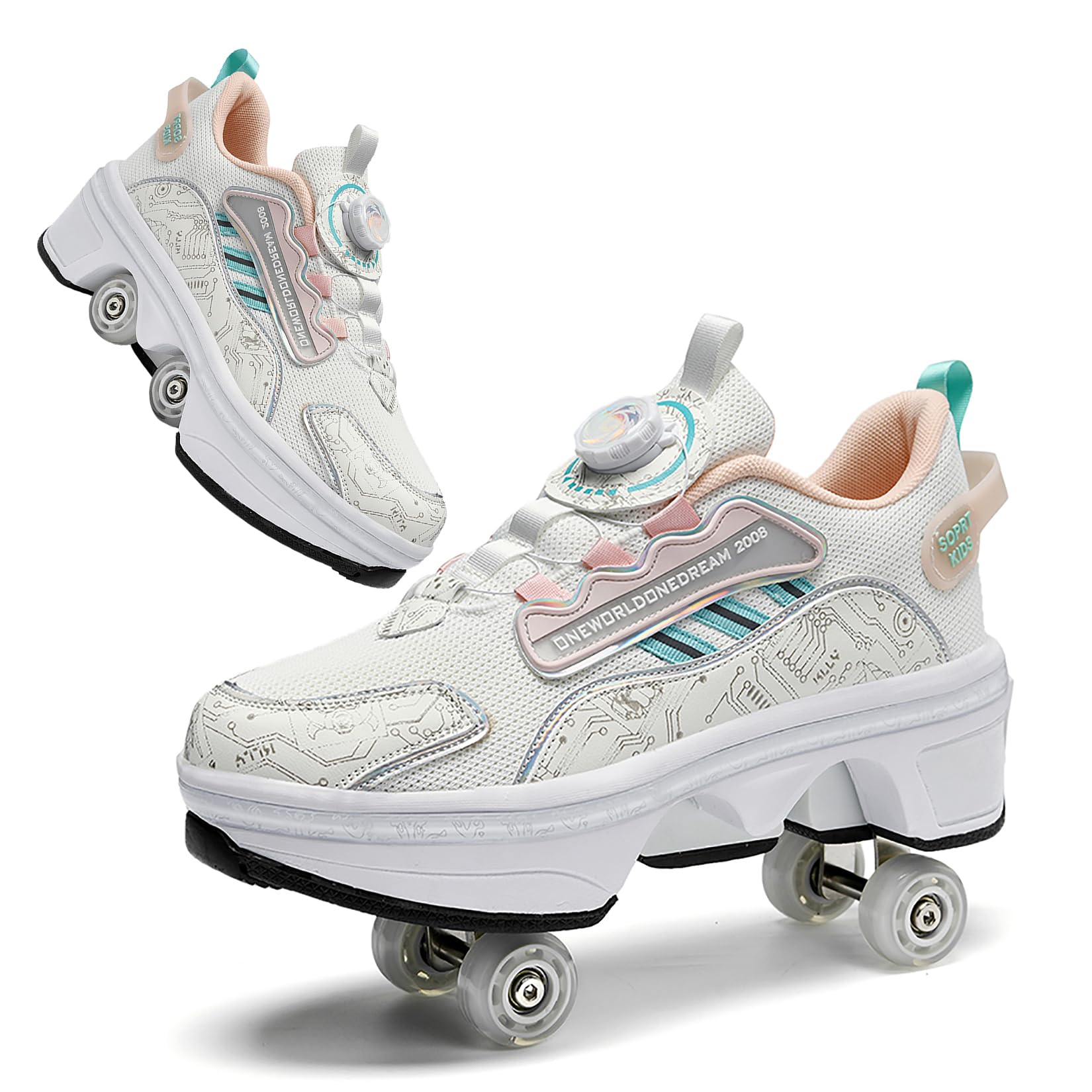 2 in 1 Deformation Roller Shoes, Roller Skate Shoes Outdoor with Detachable Brake Removable Pulley Skates Sneakers Skating Parkour with Wheels for Girls Boys