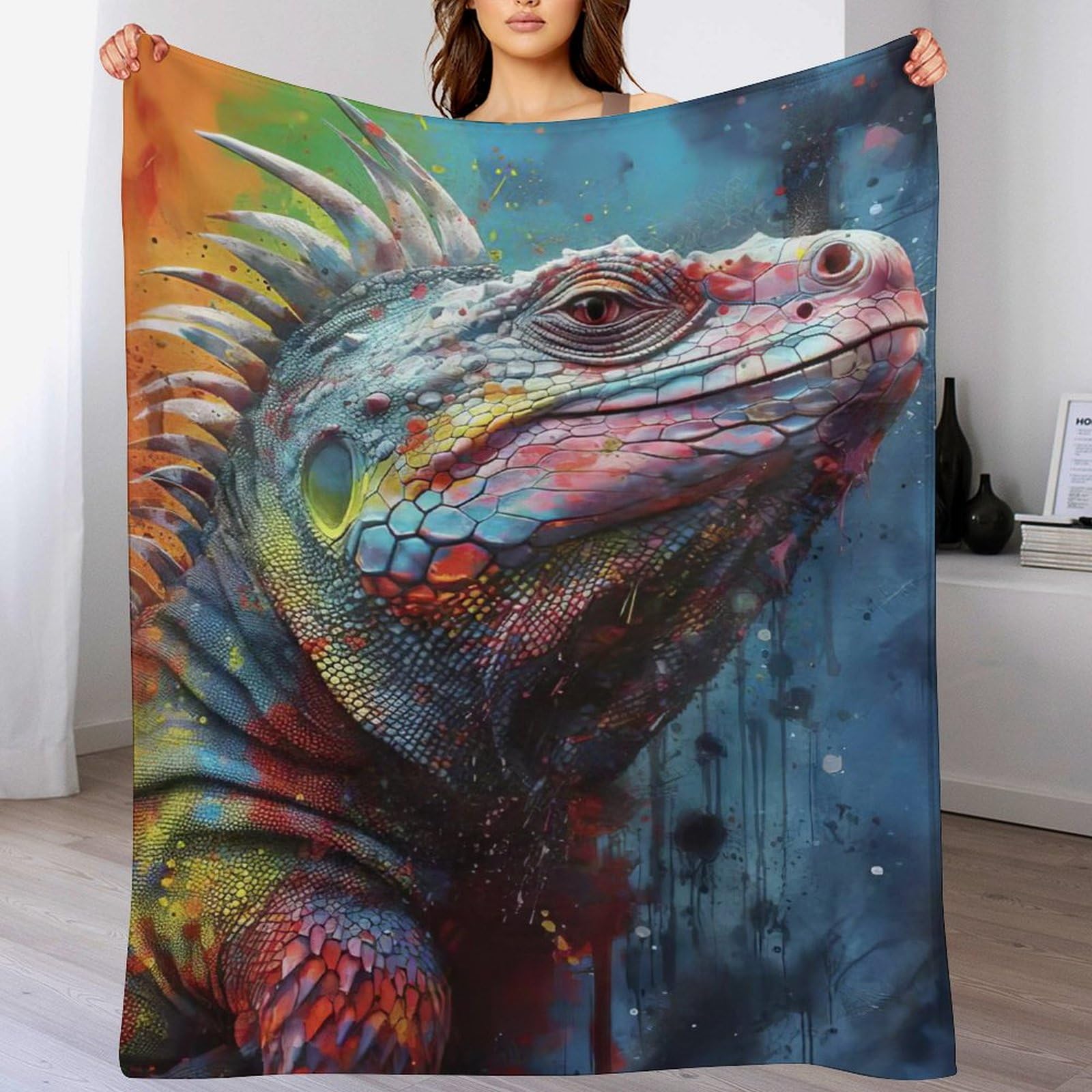 Couverture chaude en flannel motif caméléon 180x200cm toutes saisons