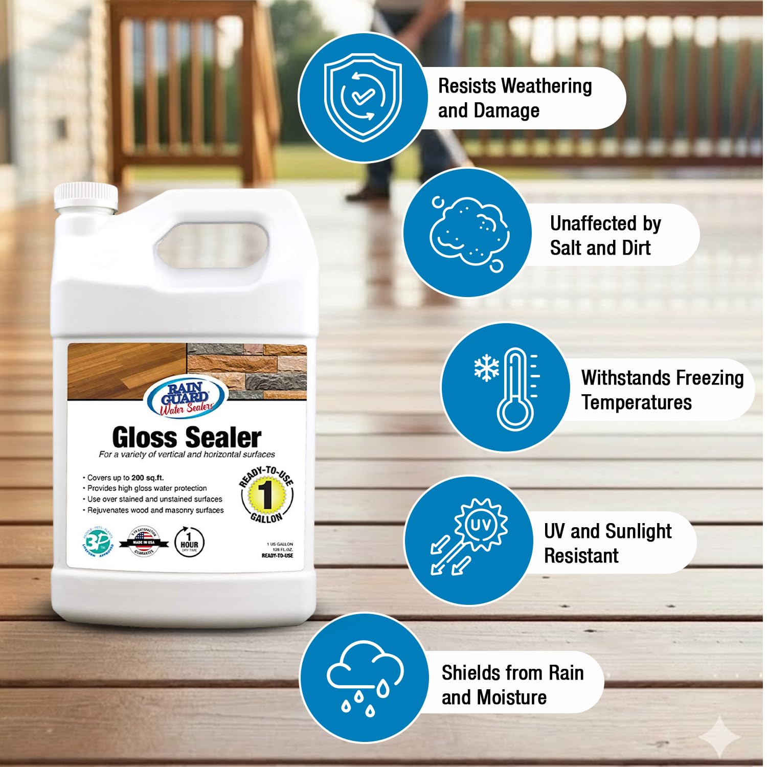 Rainguard Clear Gloss Sealer, Wet Look Water Based Silicone Acrylic Waterproofer for Concrete, Wood, Brick, Stone & Masonry Surfaces, Ready to Use, 1 Gallon