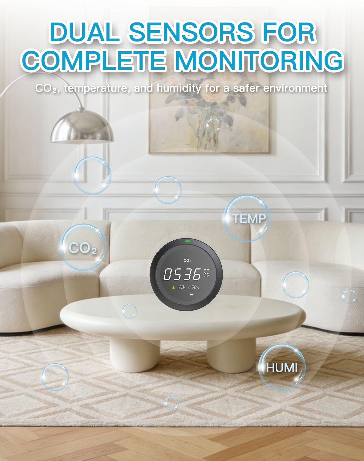 Détecteur CO2, LifeBasis Moniteur de Qualité de l'Air avec Écran LCD, Capteur NDIR, Détecteurs de CO2, Température et Humidité,0-5000 PPM, pour Maison/Bureau/Salle de Sport/Voiture