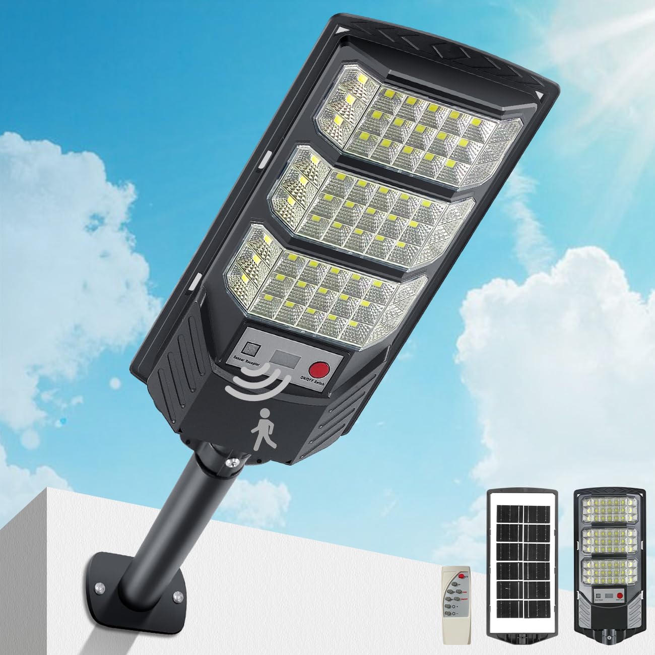 LEDソーラー街灯 屋外 IP66防水 外灯 ソーラーライト、8500Kの太陽光発電の外灯、モーションセンサーとリモコン付きのLED夜明けから夜明けまでの防水スポットライト、駐車場や道などに適したのセキュリティライト (1PACK)