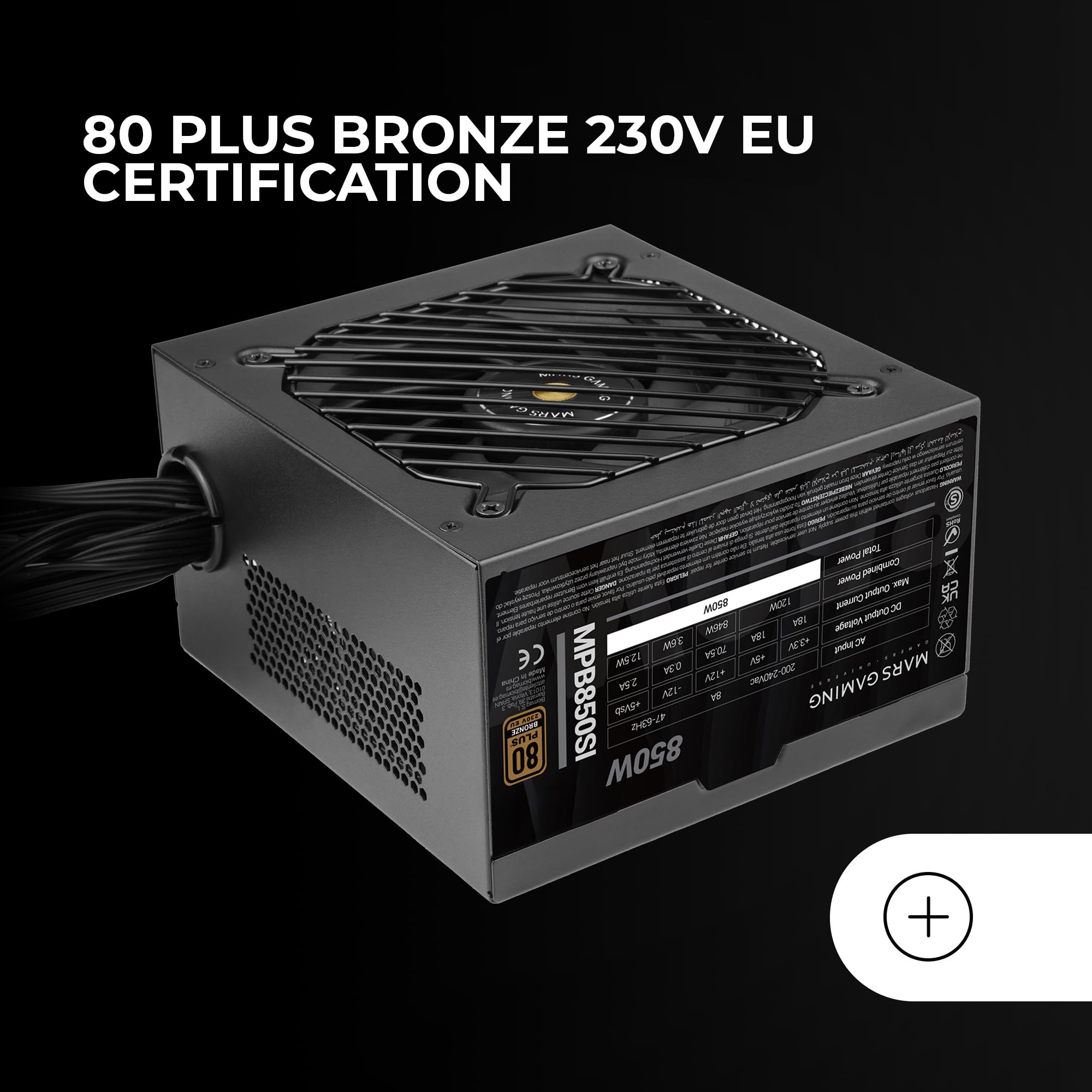 Mars Gaming MPB850SI, Alimentation PC ATX 850W, Garantie 7 Ans, 80Plus Bronze 230V, 90% d'Efficacité, Ventilateur SI Extreme Silence avec Noyau en Cuivre, Technologies AI2-RPM, DC-DC et SMD, Noir
