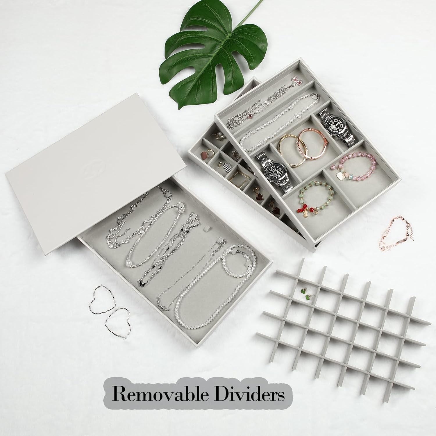 EZDeco Jewelry Organizer Tray with Lid,Extra Large Set of 4 Jewelry Trays for Drawers Stackable Jewelry Holder Inserts PU Leather Jewellery Storage for Ring Earring Necklace Bracelet for Mom(Grey)