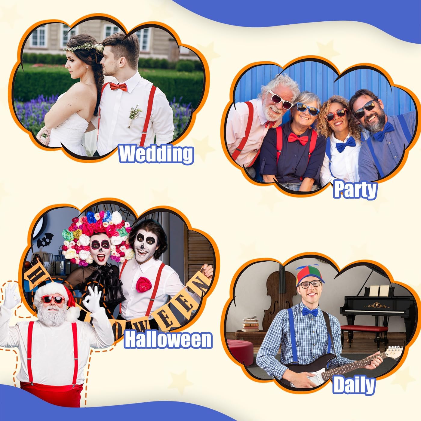 6 Pcs Halloween Costume Accessories Include 2 Pcs rainbow propeller hats Y Back Style Suspenders and adjustable bowtie for Halloween Daily Party - Image 4