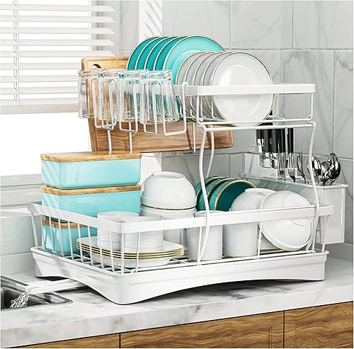 Escurridor de platos, 2 niveles para encimera de cocina, estante organizador de platos desmontable con juego de soporte para utensilios, estante de