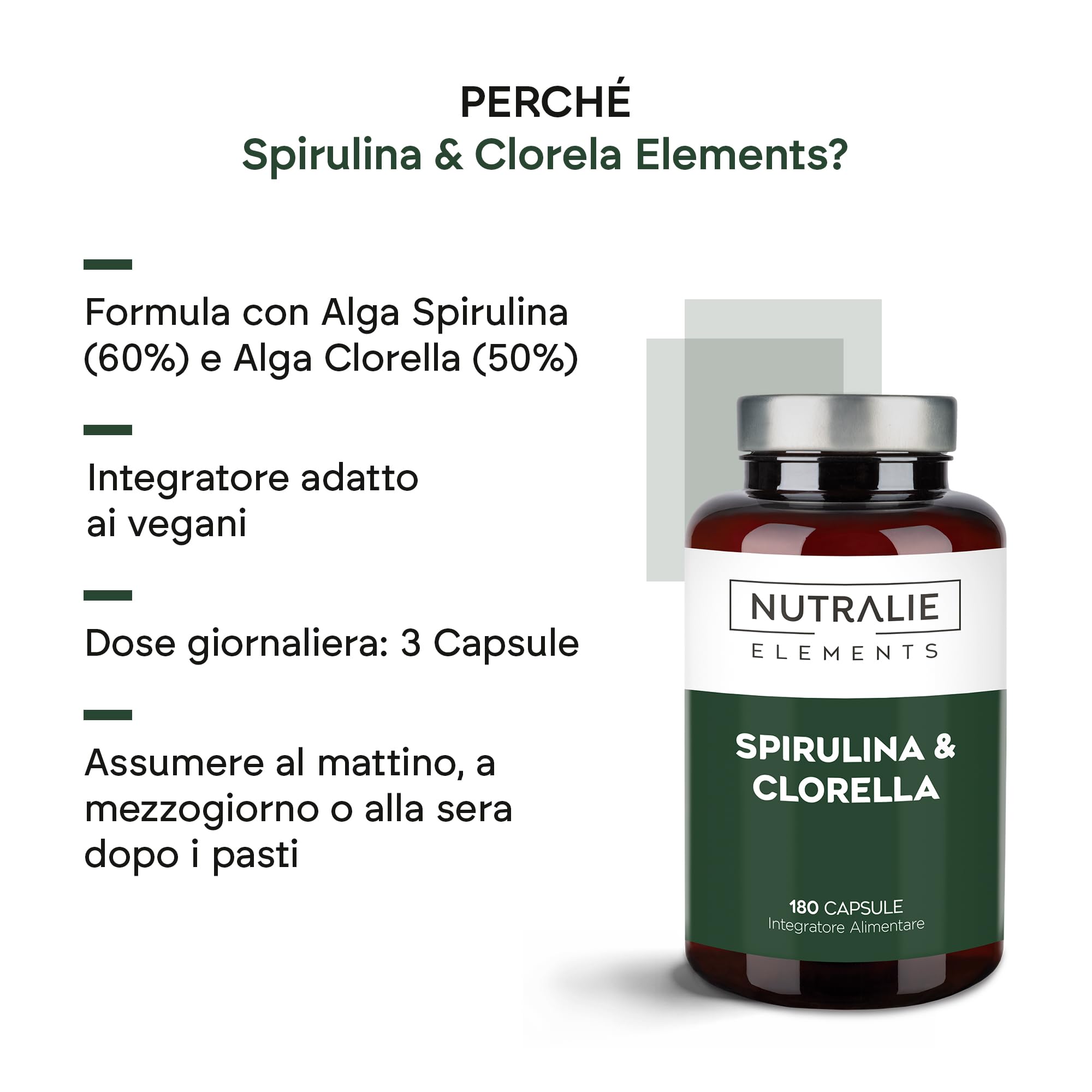 Spirulina e Clorella 1800mg - Energia - Biodisponibile e Vegano - 180 Capsule di Alghe Spirulina e Clorella Vegana - 180 Capsule Nutralie