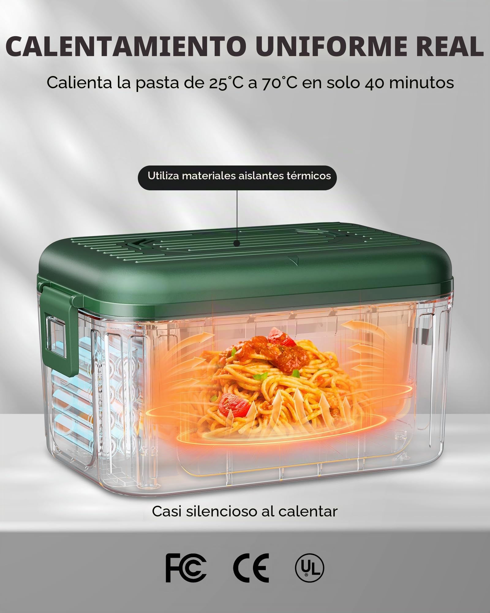 Fiambrera Eléctrica Inalámbrica 1,4L para Adultos, Lunch Box Calefactable que Prepara tu Comida a la Hora Deseada con Mantenimiento Automático, Calentador Portátil con Bolsa Isotérmica (Verde)