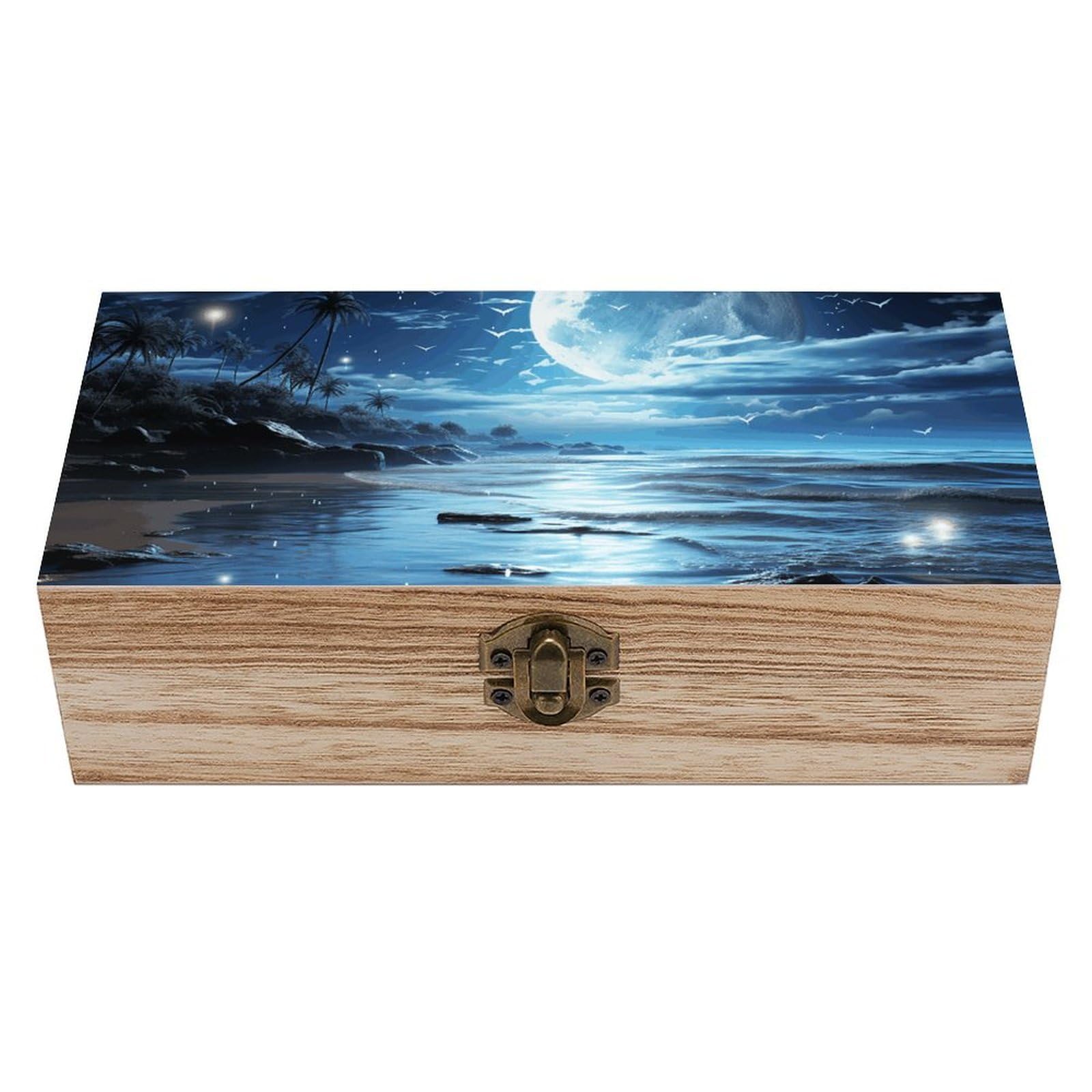 LZQPOEAS Moon Over Ocean Wooden Storage Box Small Decorative Box with Hinged Lid Handmade Elegant Keepsake Storage Box for Jewelry, Photos, Trinkets, Letter Gifts, Small Heirlooms