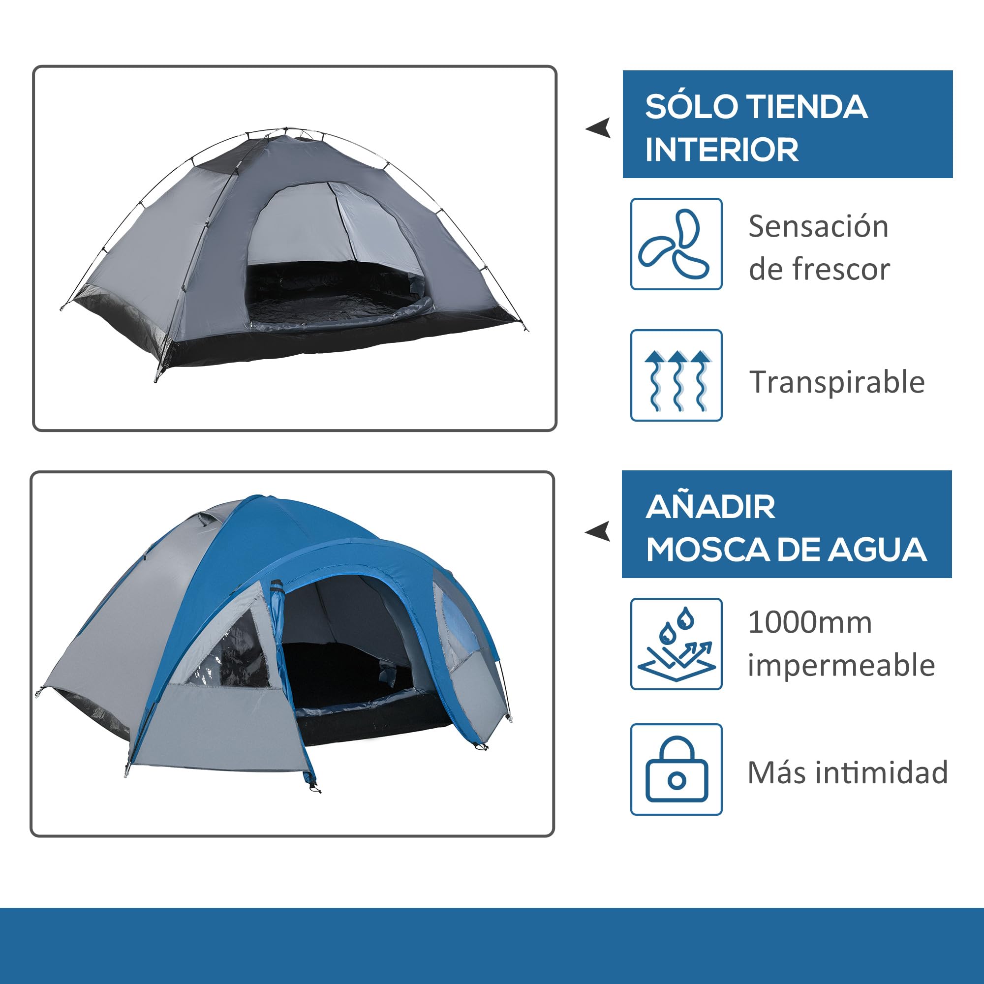 Outsunny Tienda de Campaña para 3 Personas, Tienda de Camping de Doble Capa con 2 Bolsillos, Ventanas y Bolsa de Transporte, 250x300x130 cm, Gris y Azul