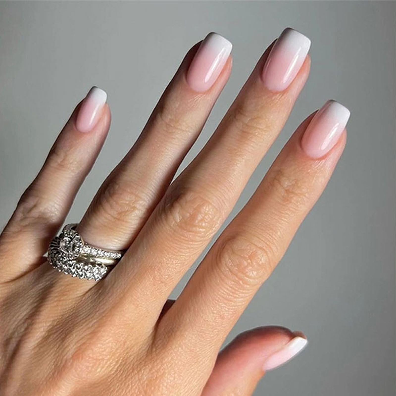 Gradient White Pink Press on Nails - 24pcs Square False Nails - 12 Sizes Fake Nails with Glue - Funky French Tip False Nails - Full Cover Acrylic Stick on nails for Women Girls Nails Art