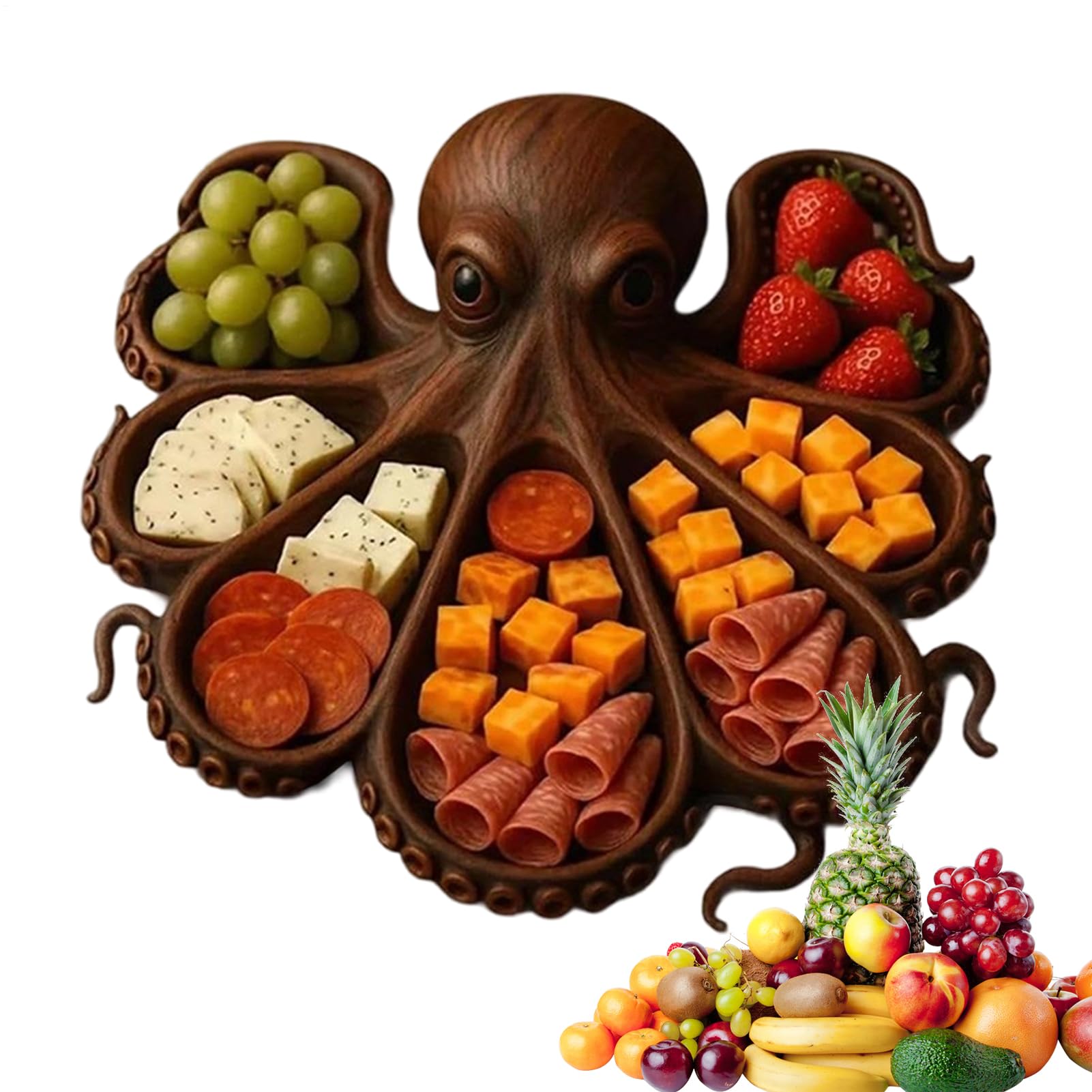 Genérico Bandeja de madera para servir - Diseño único de pulpo, bandeja para embutidos | Bandeja de cocina resistente para quesos, mariscos, picnics, cenas temáticas y entretenimiento al aire libre.