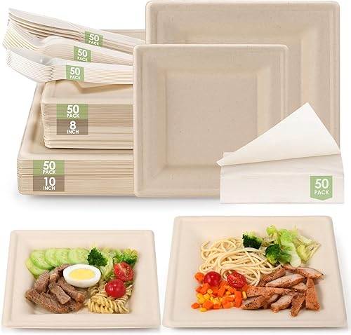 Juego de platos de papel compostables para fiestas, 300 unidades, platos cuadrados de papel marrón de 10 y 8 pulgadas, utensilios y servilletas,