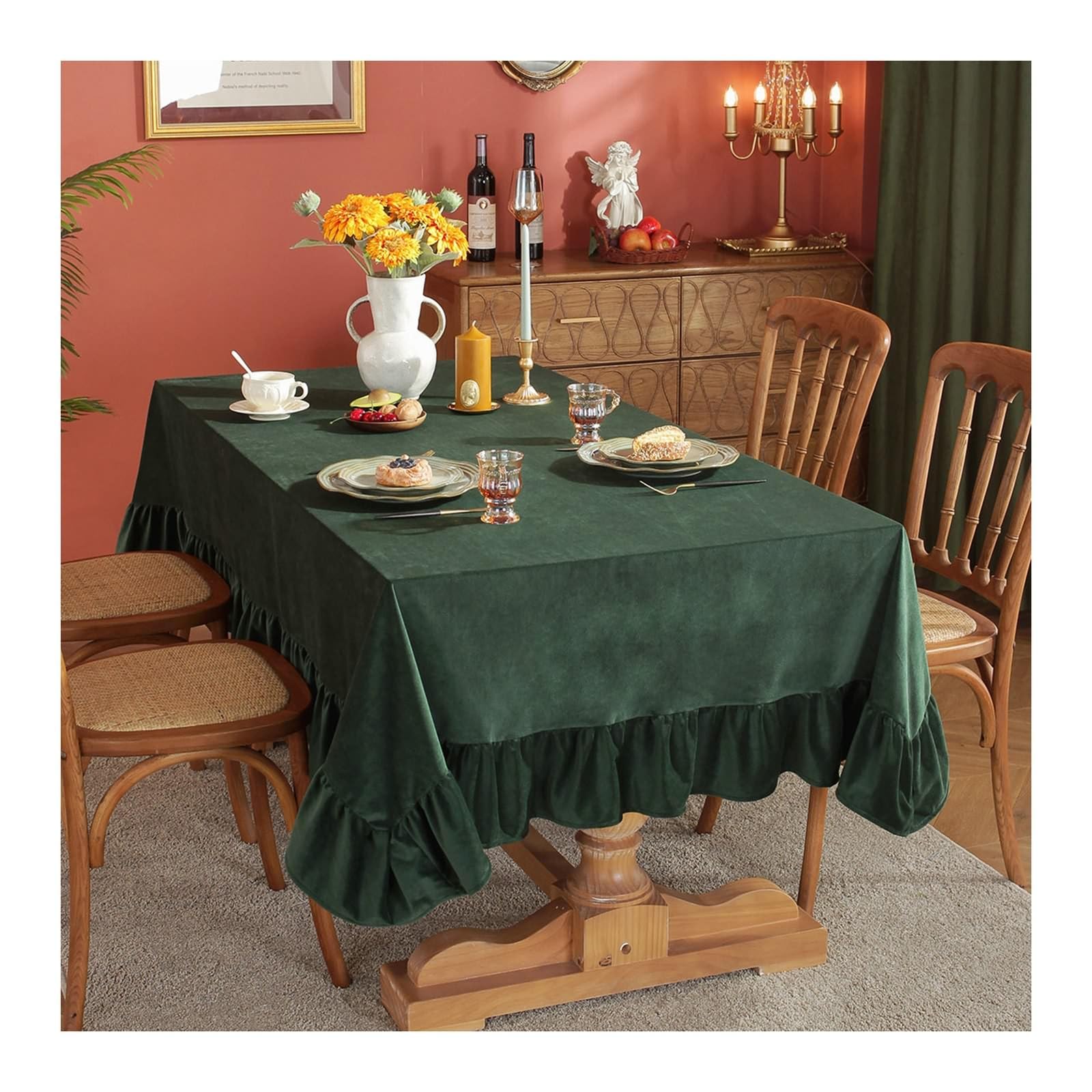 Daesar Mantel Rectangular Cocina,Mantel Terciopelo Color Sólido con Volante Mantel Mesa Comedor Verde Oscuro,140x200CM(79x55Inch)