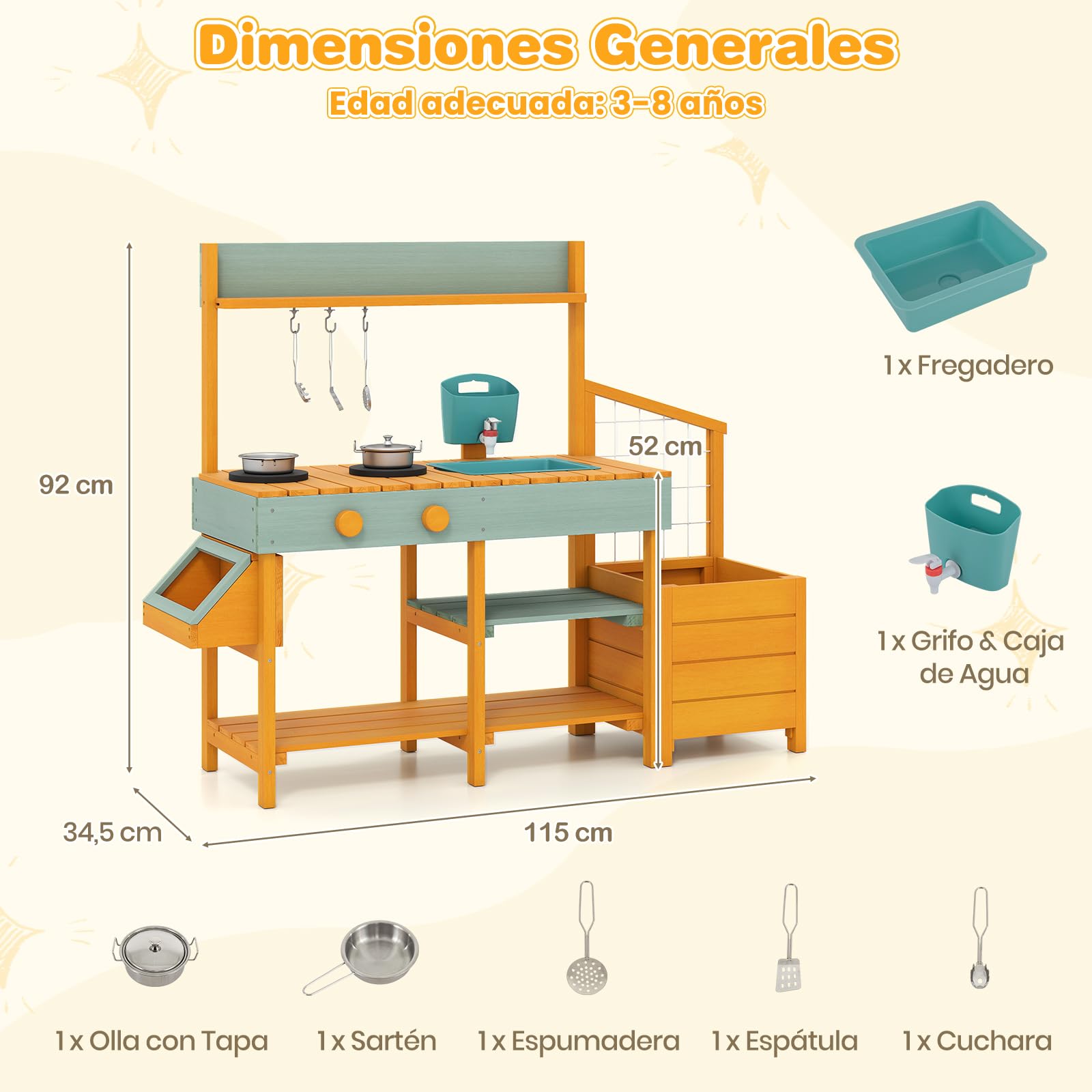 COSTWAY Cocina Juguete Exterior, Cocinita Infantil de Madera con Jardinera y Enrejado, Cocina de Barro con Fregadero Extraíble, Grifo, Fogones, Depósito de Agua para Niños de 3-8 Años (Amarillo)