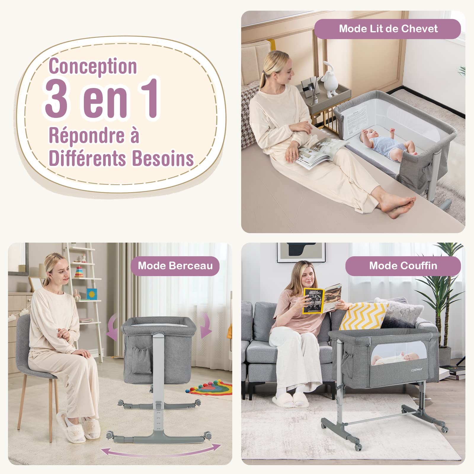 GOPLUS Berceau Bébé 3 en 1, Lit Cododo Portable avec Mode Berceau, Matelas Amovible, Hauteur Réglable, Poches de Rangement et Roues Verrouillables, Lit de Voyage pour Nouveau-né (Gris)