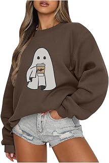 Ausyst Halloween Ghost Drink Coffee Sweatshirt Women Spooky Season Shirts Cute Ghost Printed Halloween Crewneck Pullover Tops
