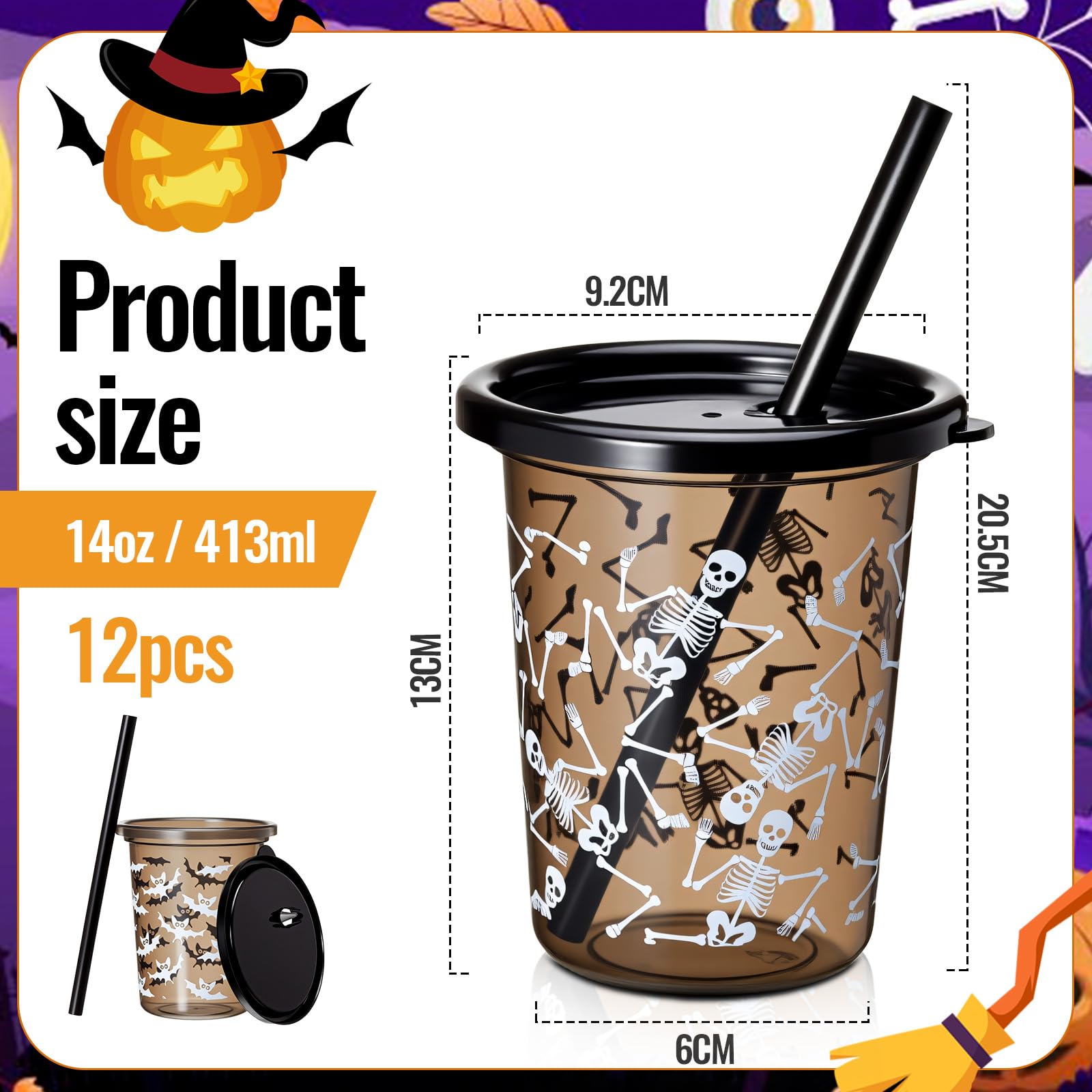 Nuanchu Halloween-Becher für Kinder, Kunststoffbecher mit Deckel und Strohhalmen, 284 ml, wiederverwendbare Kleinkindbecher für Halloween-Party, Geschenkzubehör (24 Stück, dunkel)