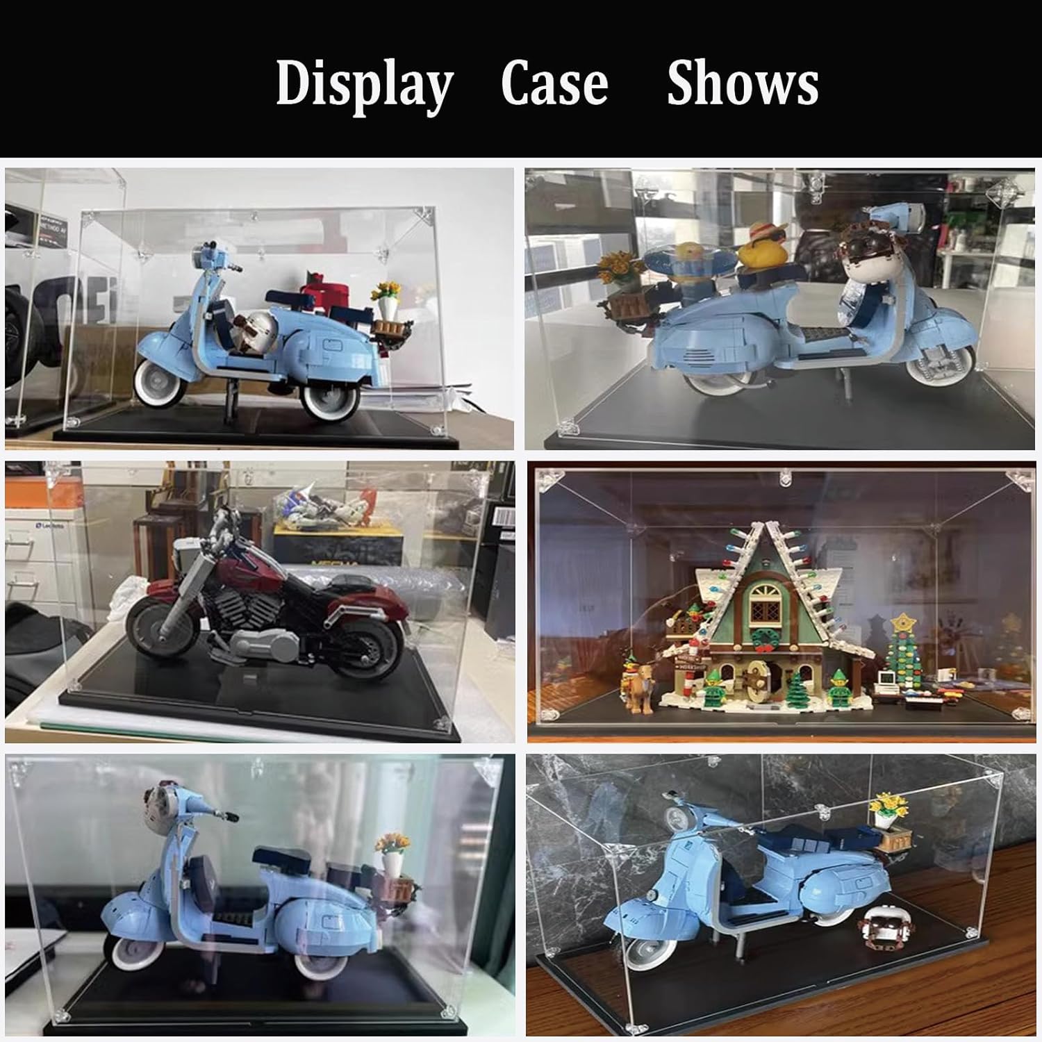 Display Case for Lego 10269 10298 10325 10275 - Acrylic Clear Display Box for [Harley-Davidson-FatBoy/Vespa125/Elf Clubhouse/Alpine Lodg] - 15.7x7.8x9.8inch