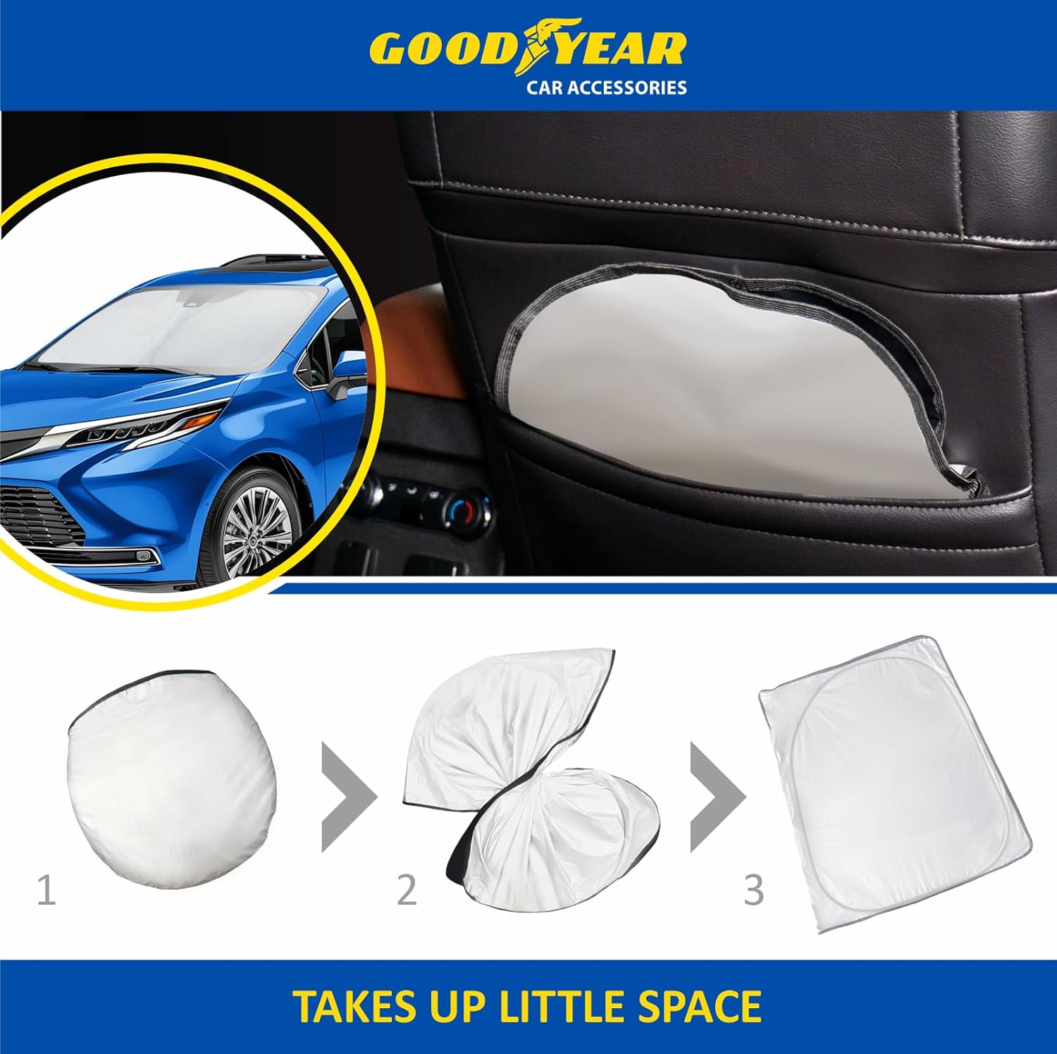 Goodyear Foldable Windshield Sunshade for Toyota Sienna 2021-2026, Car Accessories, Sunshade Cover, Sun Shade Car Windshield, Window Sun Blocker - GY008349