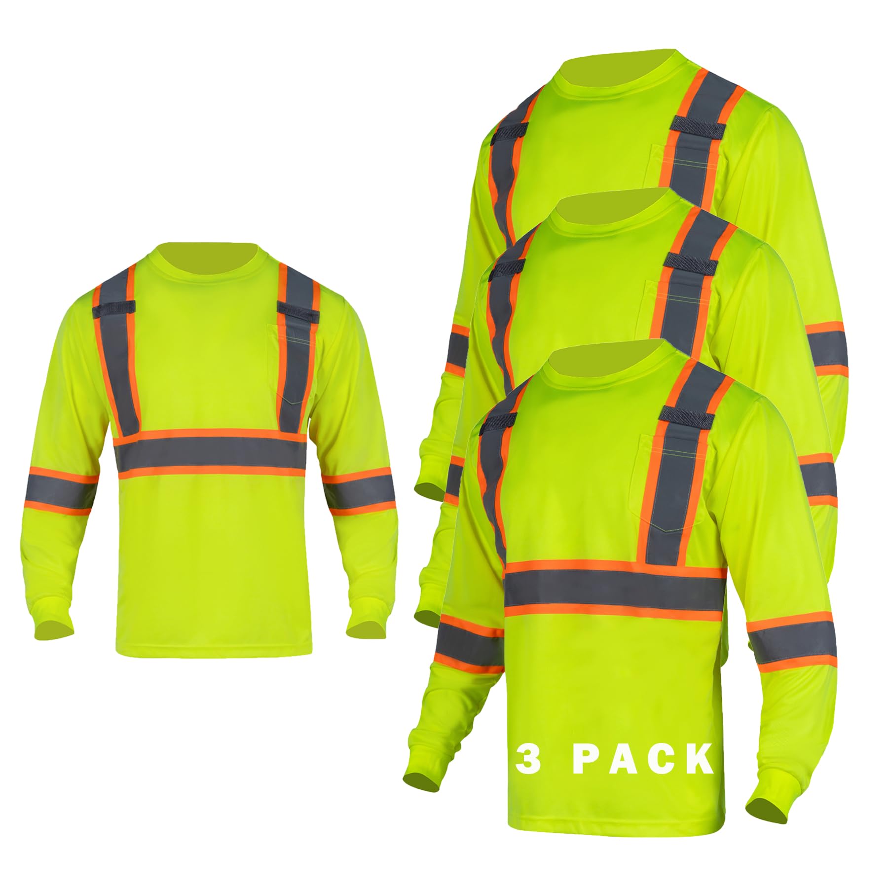 FONIRRA High Visibility Shirts for Men 3 Pack Reflective ANSI Class Hi Vis Safety Construction Work T Shirt Long Sleeves