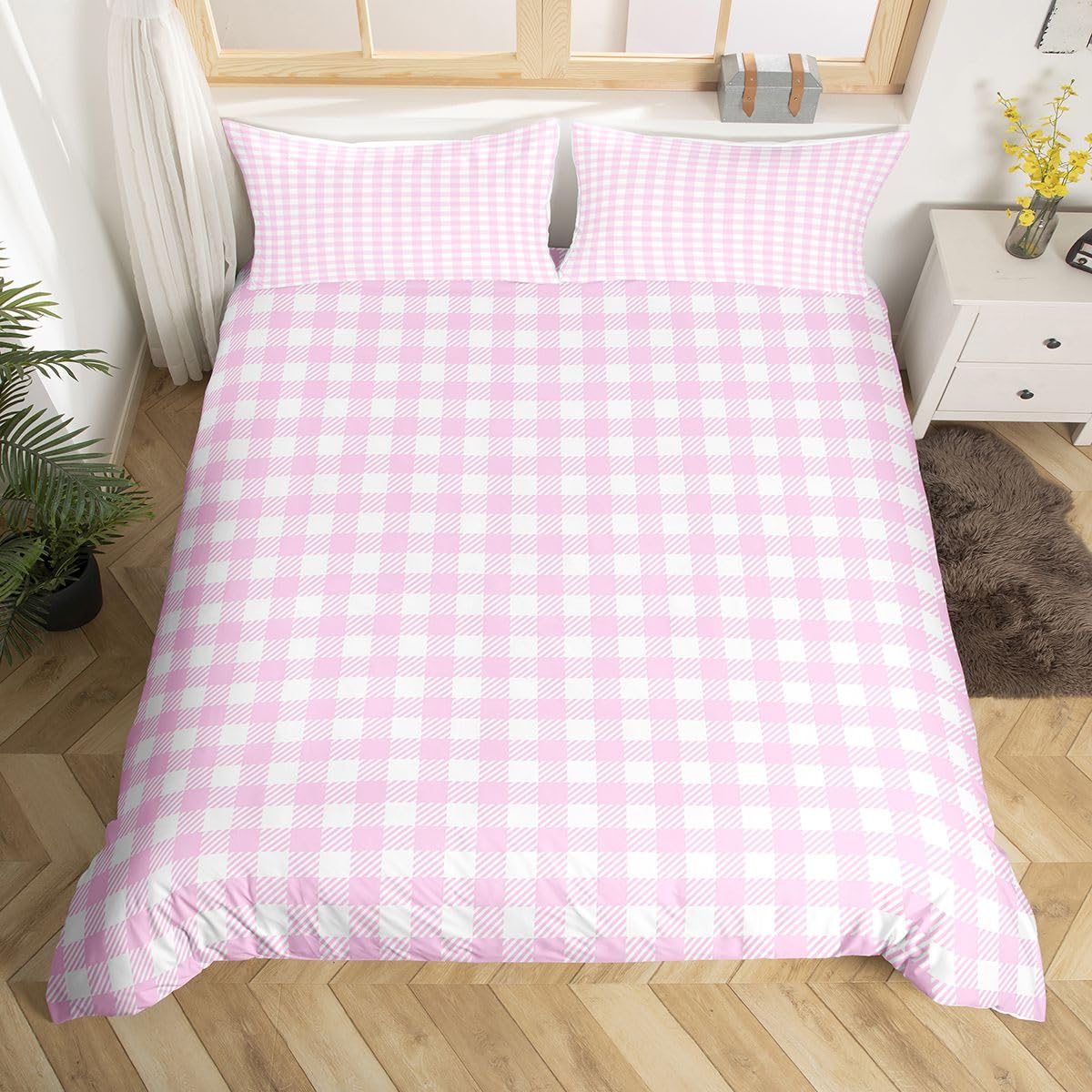 Housse de couette fille rose anti-plis parure lit patchwork 2 pièces