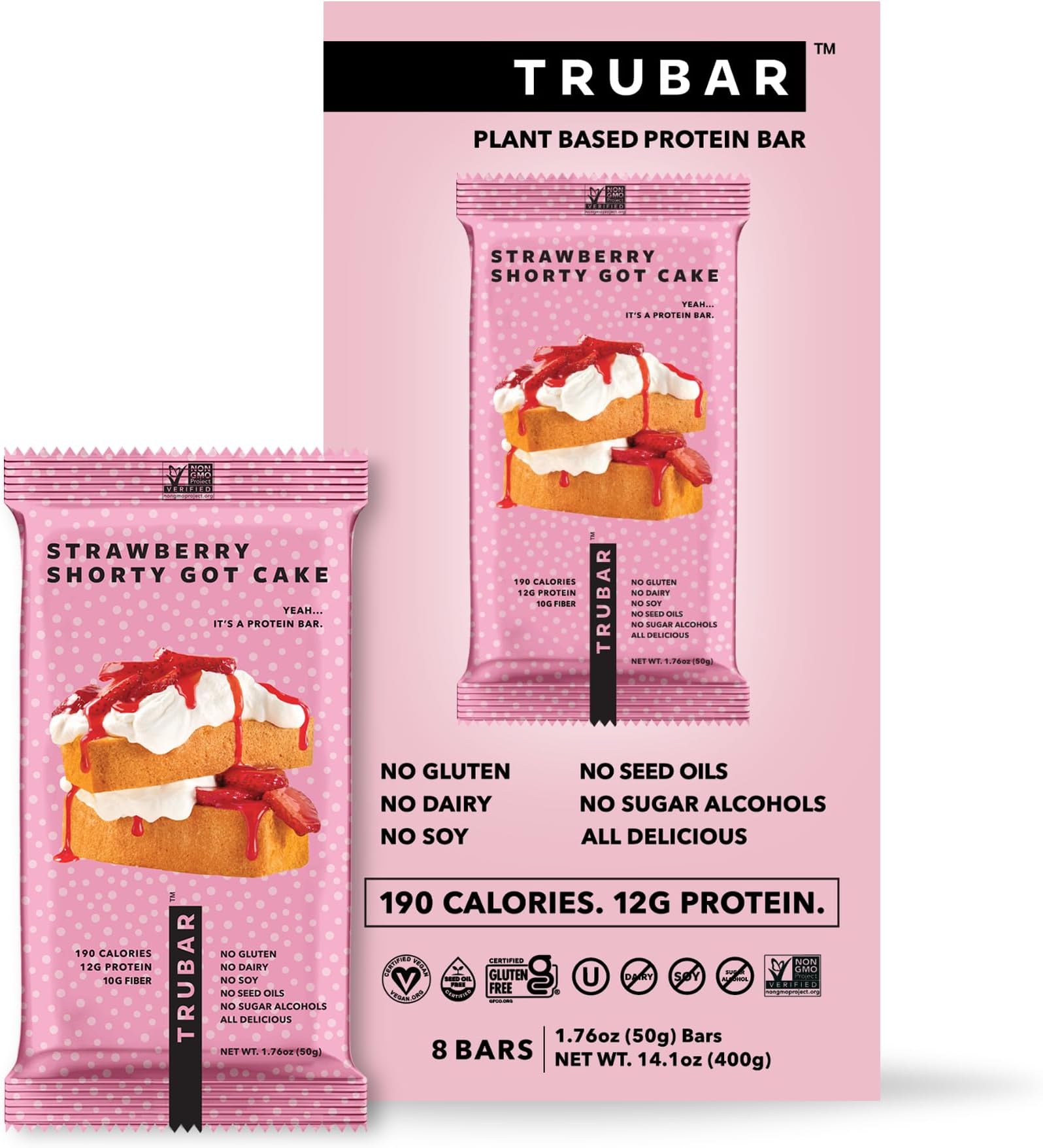 TRUBAR Vegan Protein Bar, Strawberry Shorty Got Cake, Gluten Free, Plant Based Protein, Dairy Free, Non GMO, Soy Free, No Sugar Alcohols, 12G Protein, 12G Fiber, 23G Carb, On the Go Snack Bars, 8 CT