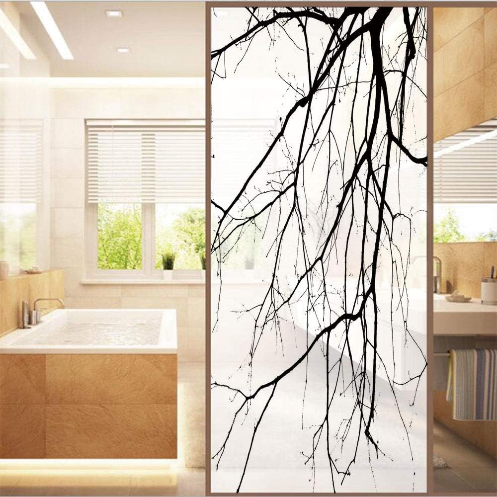 Decorative Window Film,No Glue Frosted Privacy Film,Stained Glass Door Film,Macro Leafless Winter Tree Branches Idyllic Twigs of Oak Nature Print,for Home & Office,23.6In. by 78.7In Black and White