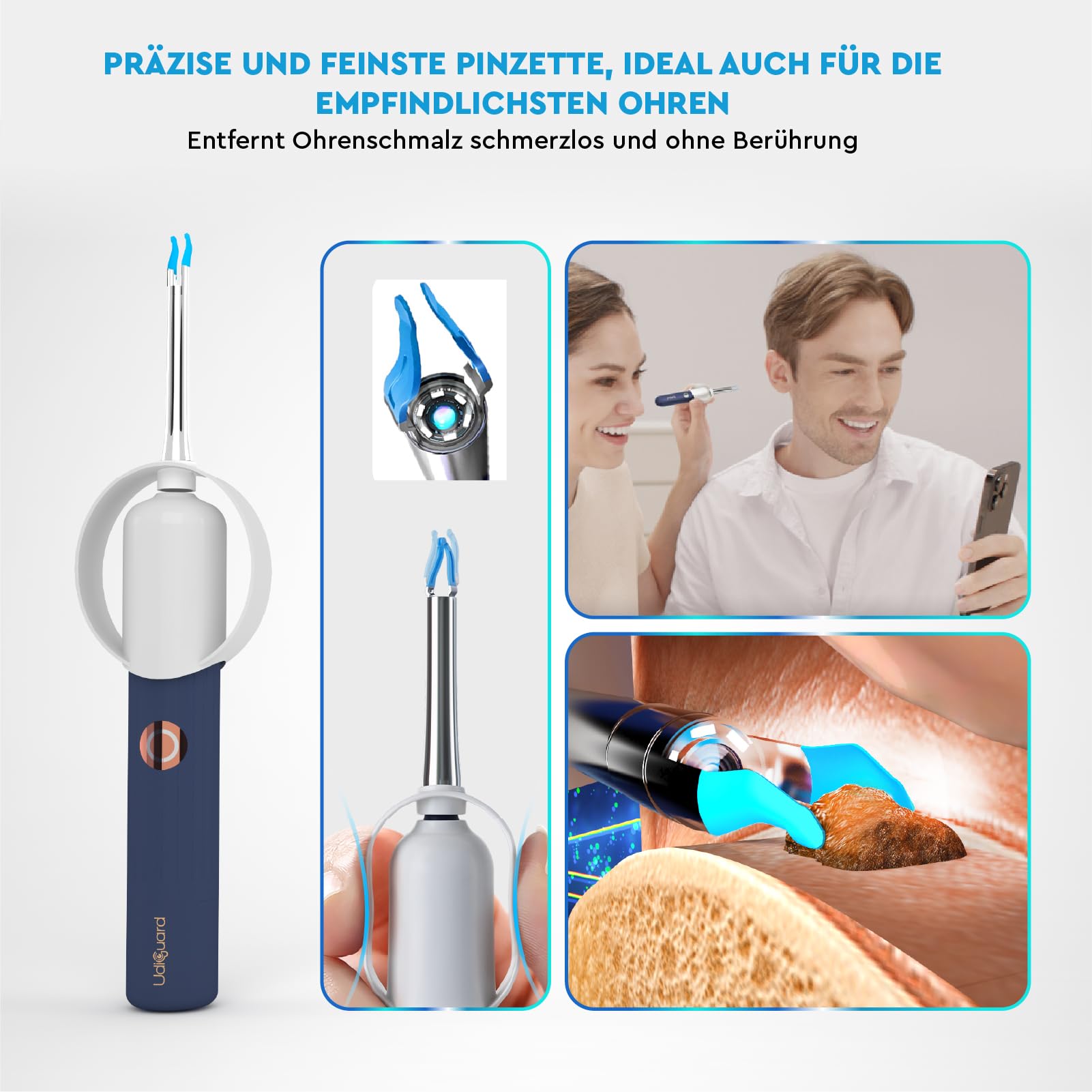 Ohrenschmalz Entferner Otoskop 10MP-HD-Kamera WiFi Flexibler Digitaler Ohrreiniger UdiGuard Pro-Clean Ohrenspiegel mit Pinzette und Austauschbaren Spitzen - Erwachsene und Kinder Hals-Nasen-Ohren-Set