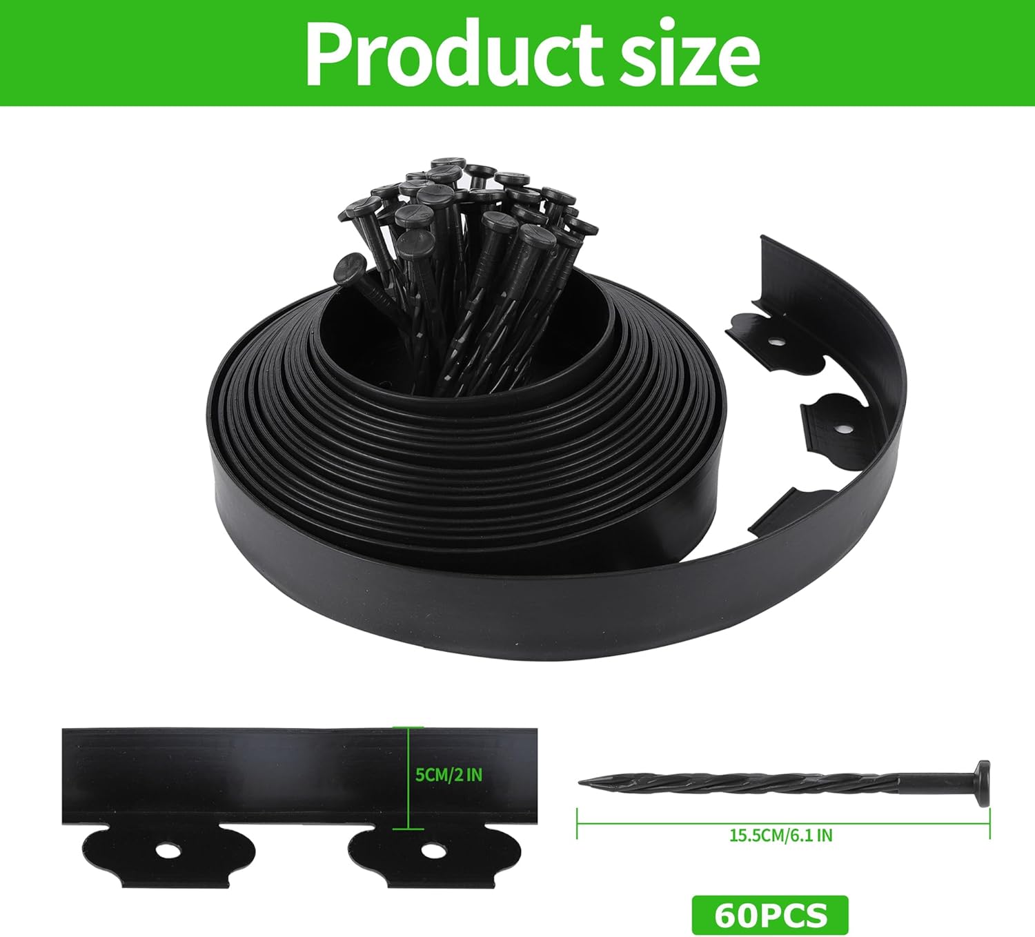 2" x 66' Landscape Edging Kit, Garden Edging Coil Comes with 60Pcs Spikes, No Dig Black Landscape Edging Set (2IN x 66FT, Black)