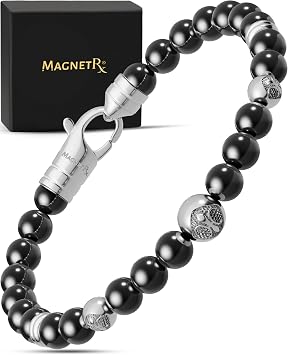 MagnetRX Hematite Magnetic Bracelet Max Strength Magnet Stones with Stainless Steel Charms Elegant Hematite Beaded Bracelets for Men Armory | Small