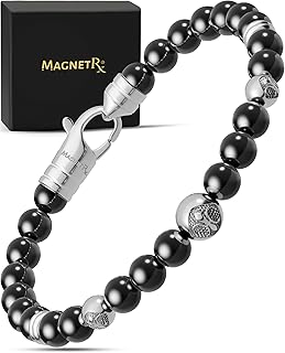 MagnetRX® Hematite Magnetic Bracelet – Max Strength Magnet Stones with Stainless Steel Charms – Elegant Magnetic Hematite Beaded Bracelets for Men (Armory | Large)