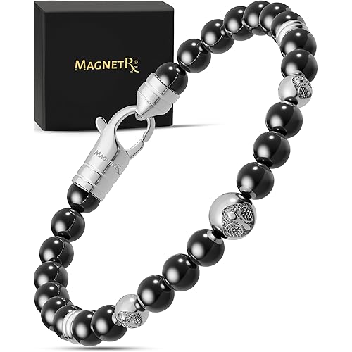 MagnetRX® Hematite Magnetic Bracelet – Max Strength Magnet Stones with Stainless Steel Charms – Elegant Hematite Beaded Bracelets for Men (Armory | Small)