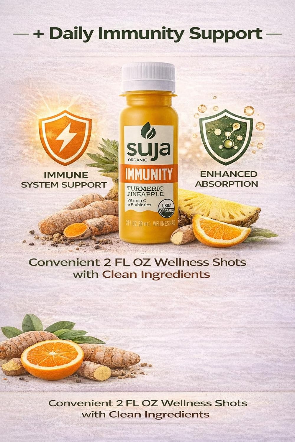 Suja Organic Immunity Wellness Shots - Turmeric Ginger Pineapple with Vitamin C & Probiotics - Immune Support - Vegan Non-GMO No Added Sugar - 2 Fl Oz (Pack of 10)