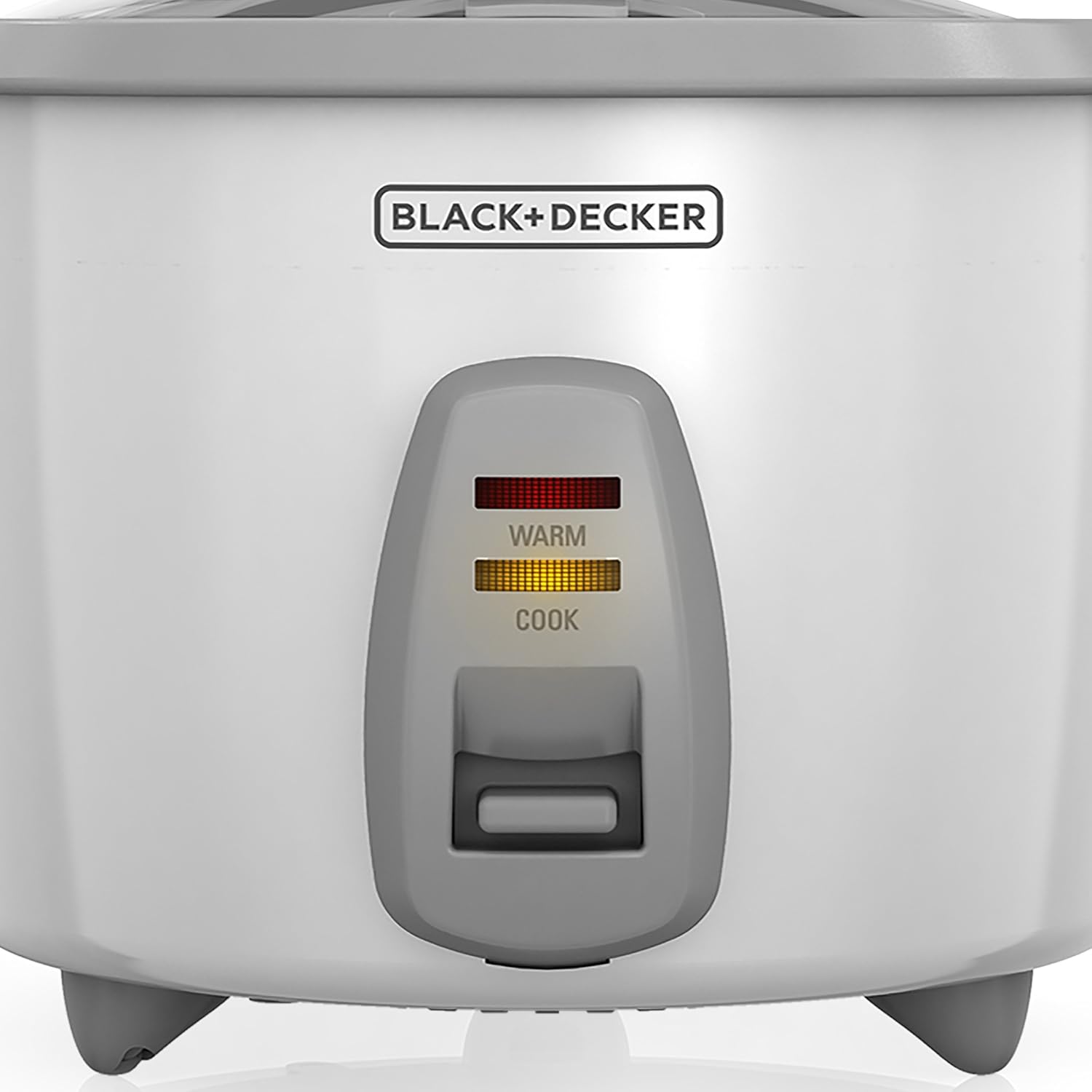 Close-up of BLACK+DECKER RC436 Rice Cooker controls showing 'Warm' and 'Cook' indicator lights