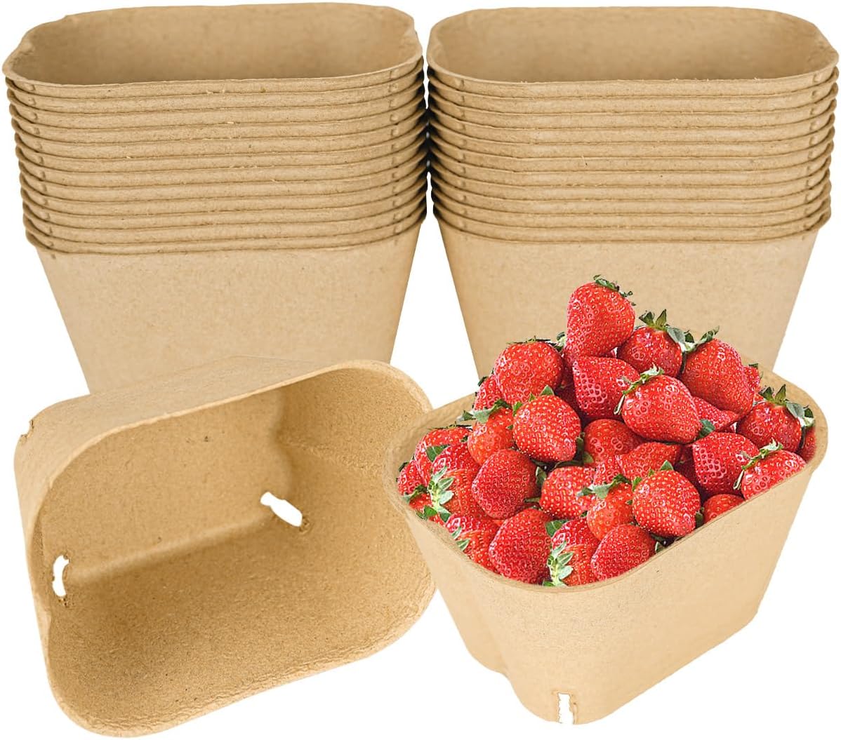 Large Pulp Fiber Berry Basket Container for Produce Cardboard Fruit Boxes Vented for Farmer Market Party Christmas Grocery Stores 25 Count