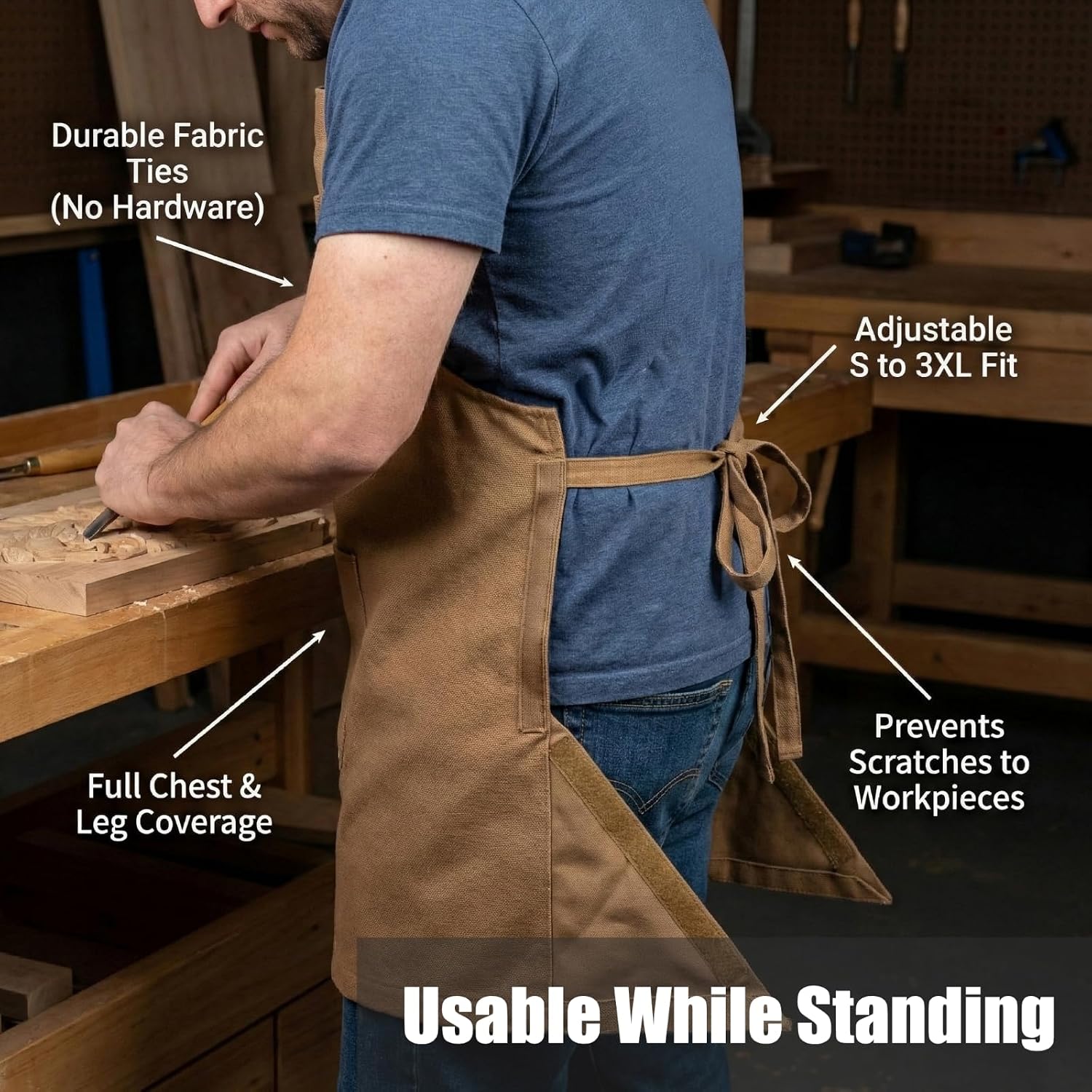 Wood Carving Apron with Suspended Open Chip Catcher Pouch Wood Carver Gift | Khaki Breathable Washable Fabric, Chest Tool Pocket for Carving Tools, Adjustable S-3XL Woodworking Apron