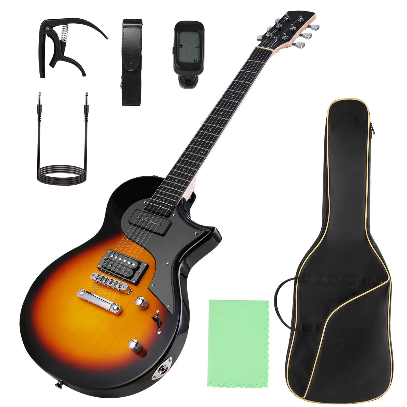 Electric Guitar Beginner Guitar 40.2 Inch Solid Poplar Body Maple Neck Laurel Fingerboard HH Pickups Les Paul Style with Gig Bag Tuner Capo (Color Options) (Brown)