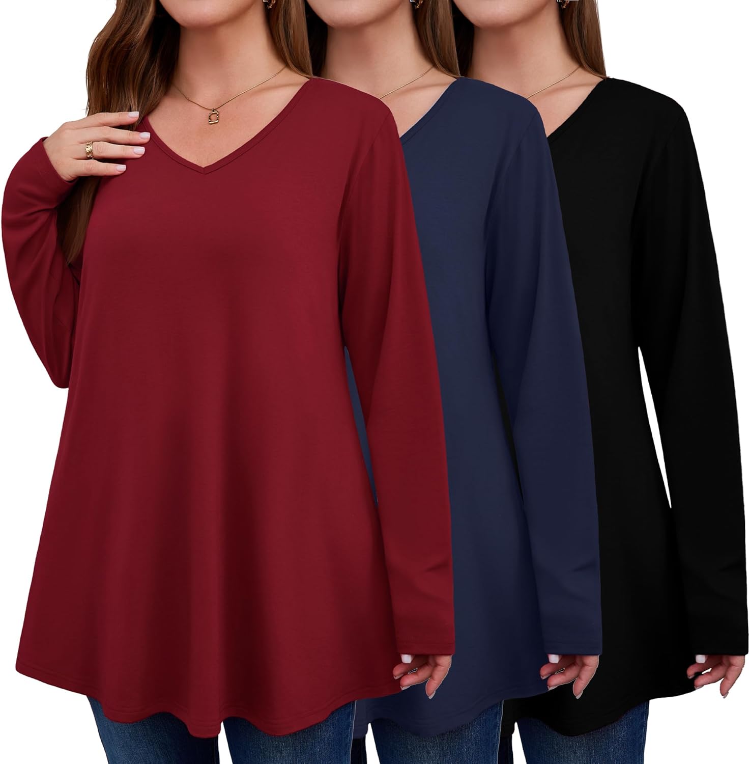 Evervibe 3 Pack Women's Plus Size Tunic Tops V Neck Long Sleeve Shirts Loose Fit Casual Flowy Tees with Leggings