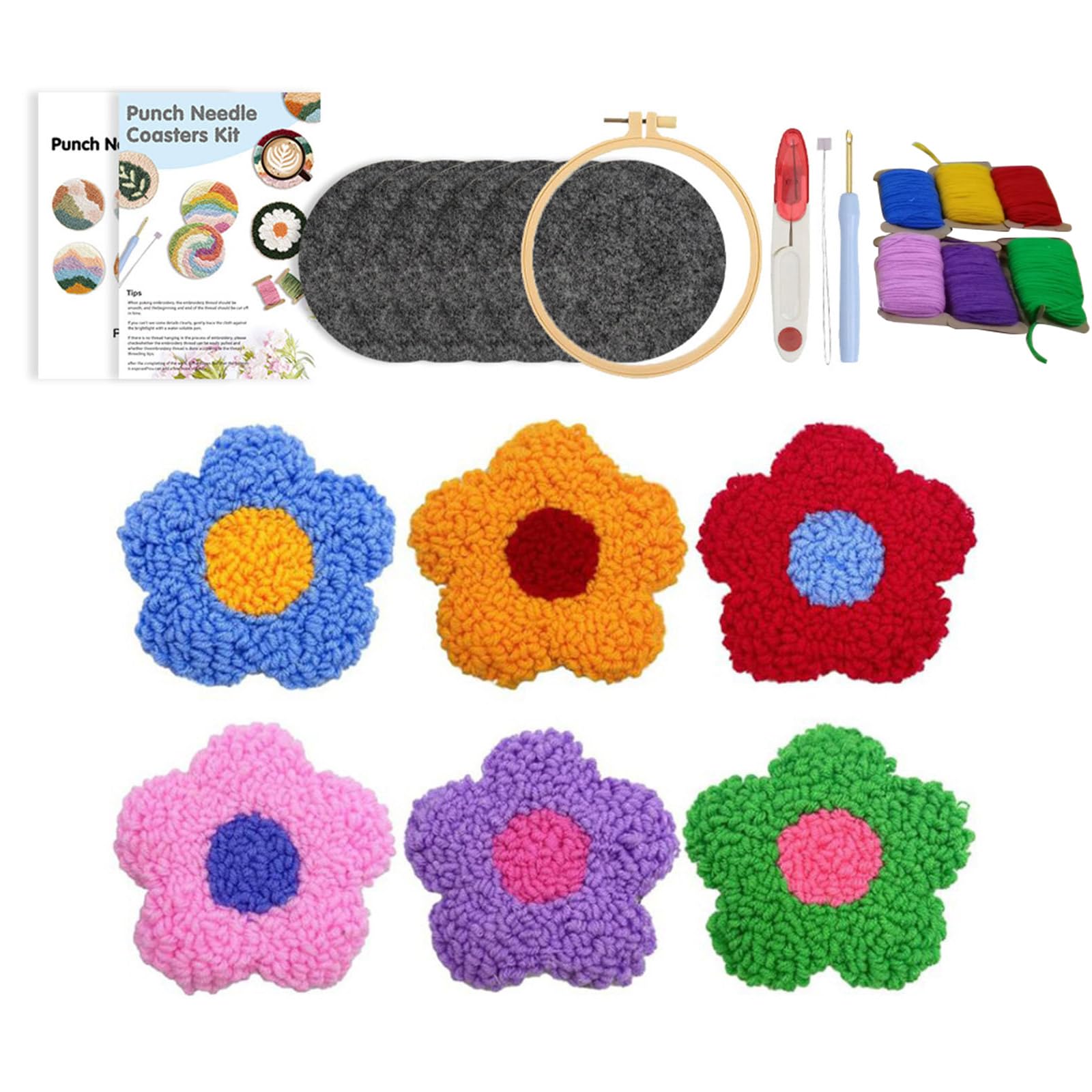 Woedpez Embroidery Starter Set 6 Punches Needle Coasters Pattern with Soft Fabric and Complete Tool Soft Fabric & Complete Craft Supplies
