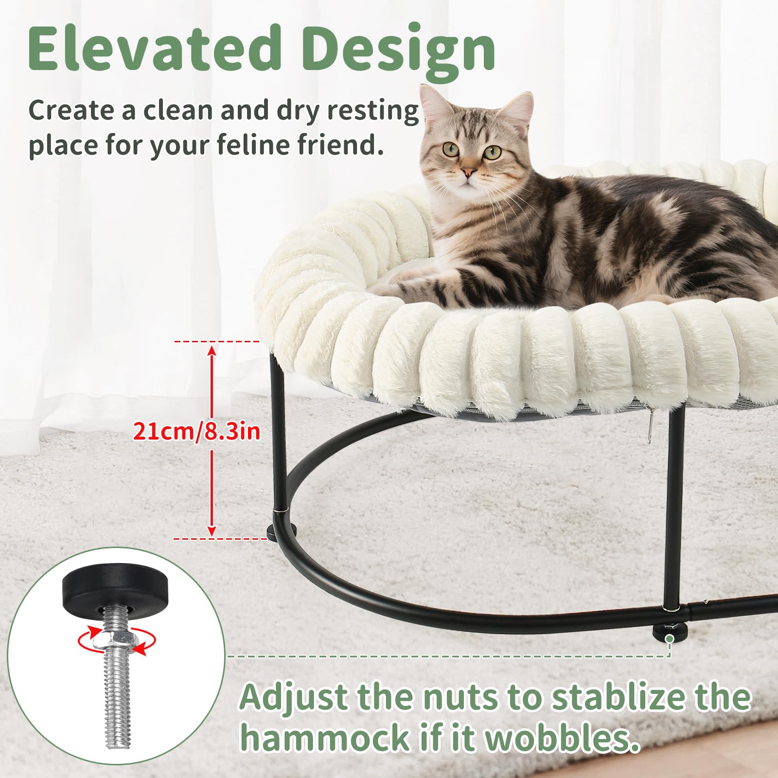 GUUSII HOME Elevated Cat Bed Raised Kitty Hammock for Indoor Cats Large Kitten Sofa Puppy Chair Pet Couch with Free-Standing Metal Frame Washable Padding Cushion Easy Assembly 58.5*43*21cm (White) - Image 2